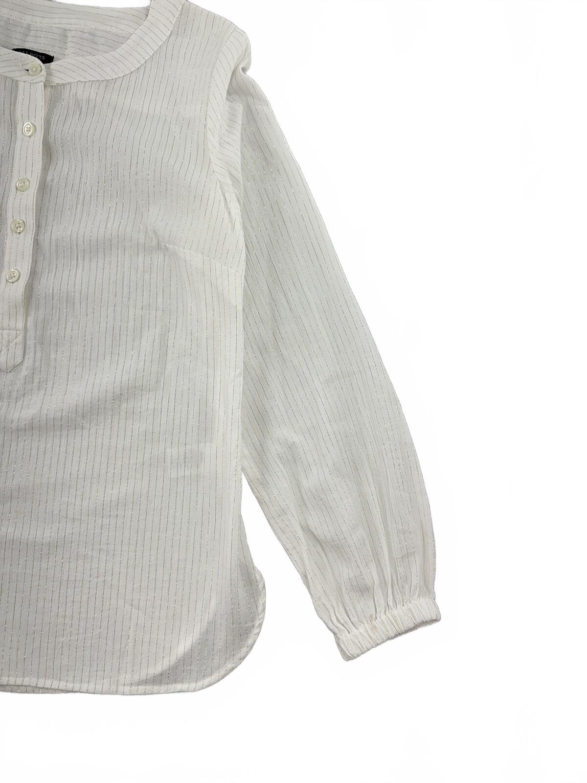 Talbots Petite White Blouse with Gold Stripes Lightweight Button Up Long Sleeve