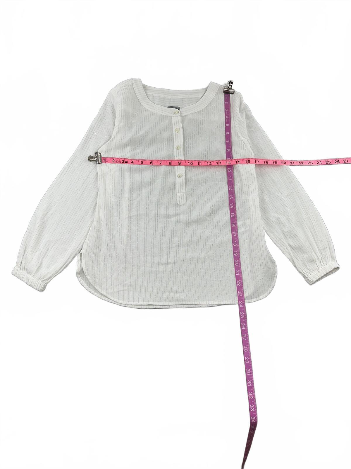 Talbots Petite White Blouse with Gold Stripes Lightweight Button Up Long Sleeve