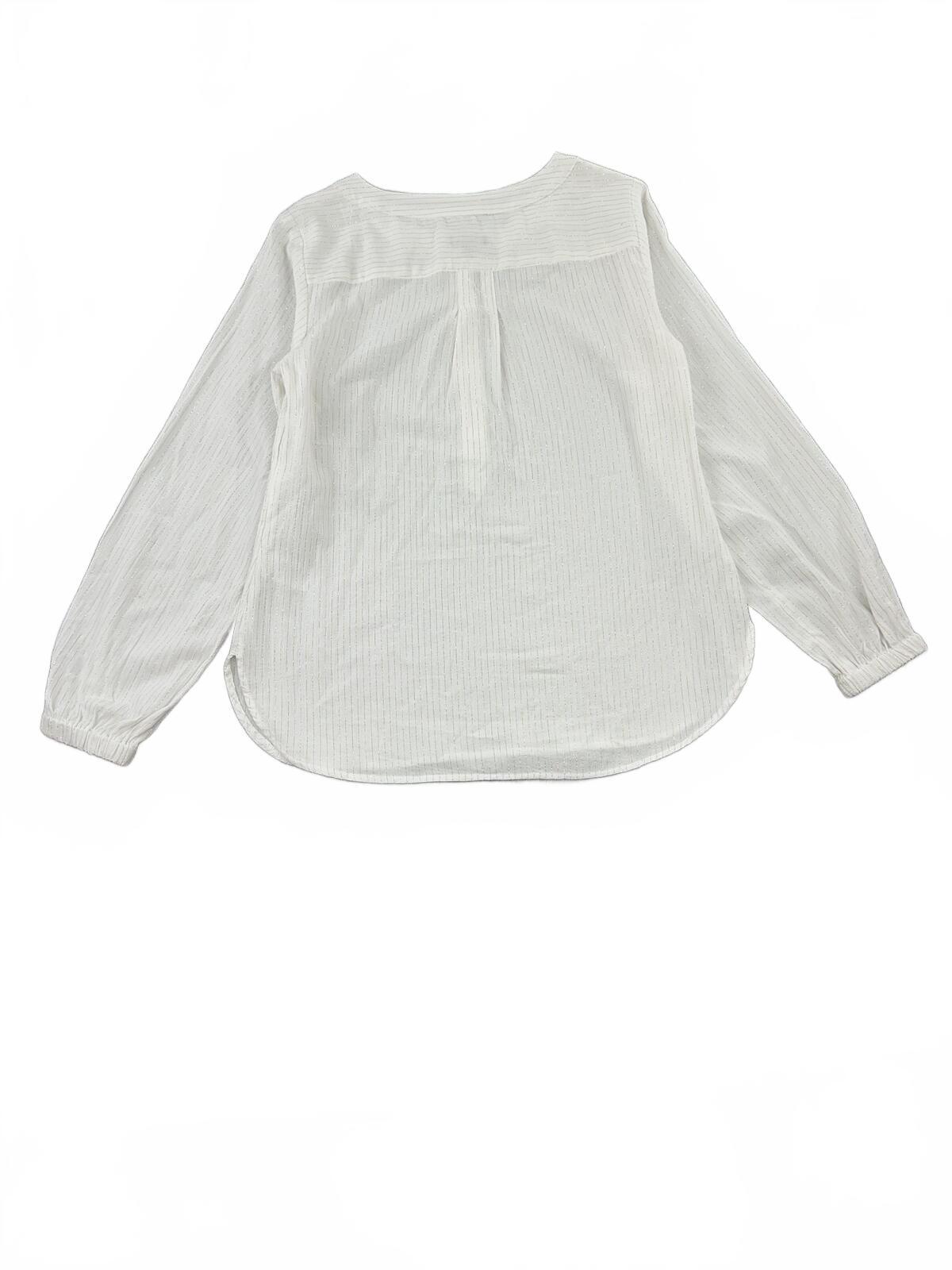 Talbots Petite White Blouse with Gold Stripes Lightweight Button Up Long Sleeve