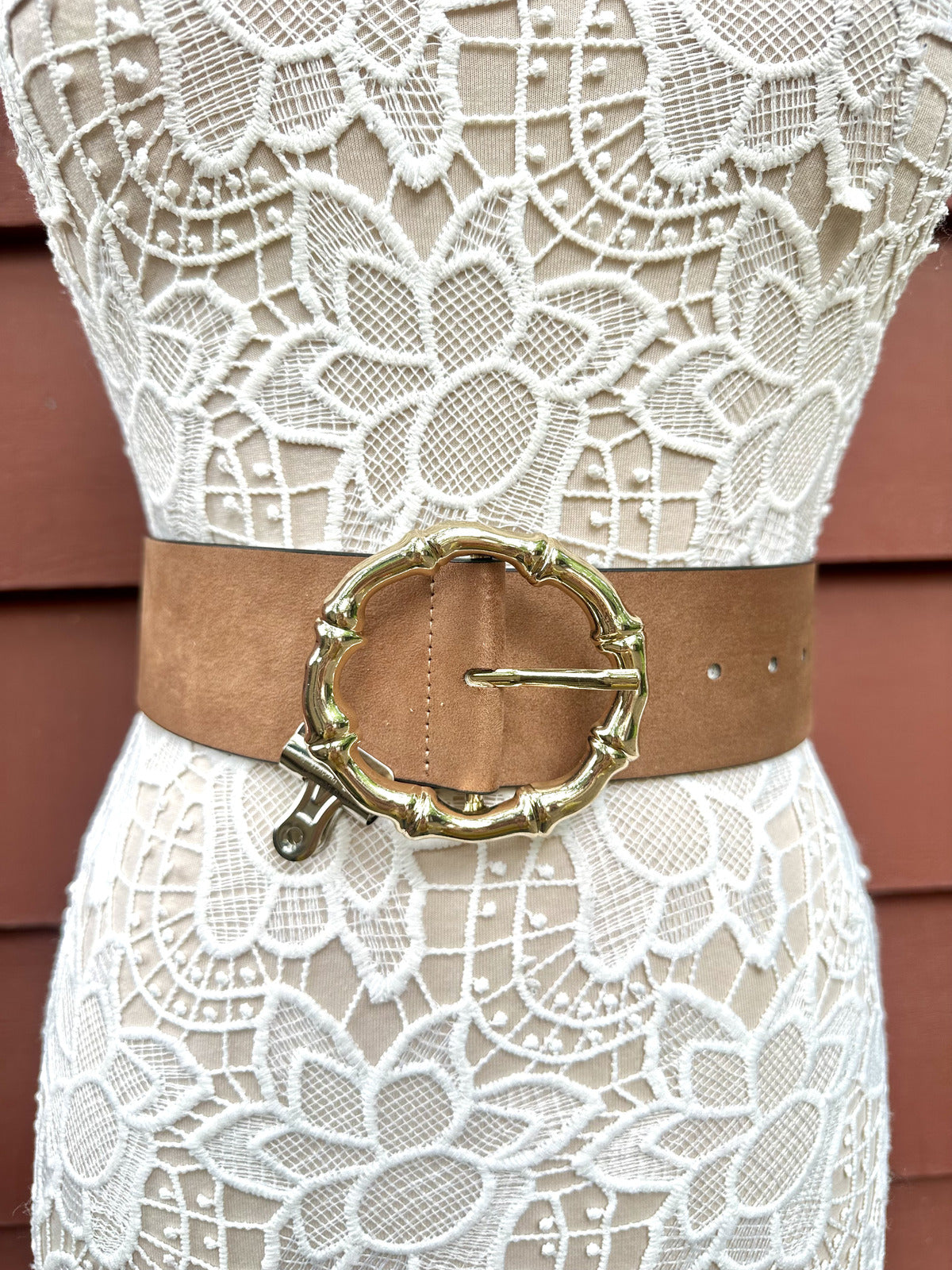H&M Wide Brown Faux Suede Belt with Gold Bamboo Style Buckle