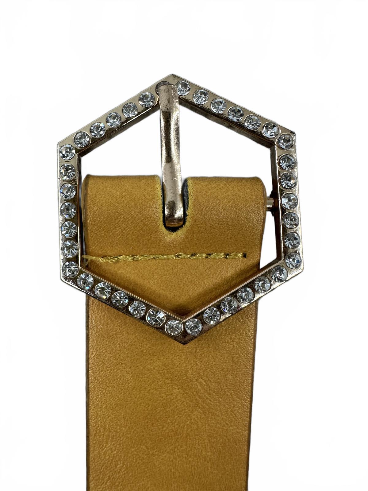 Stylish Mustard Faux Leather Belt with Rhinestone Hexagon Buckle