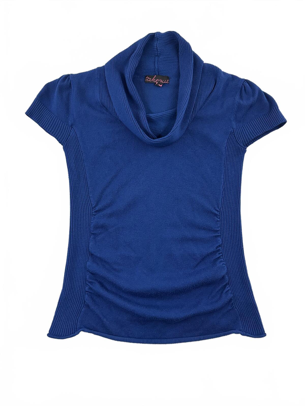 Takeout Blue Short Sleeve Cowl Neck Sweater Top