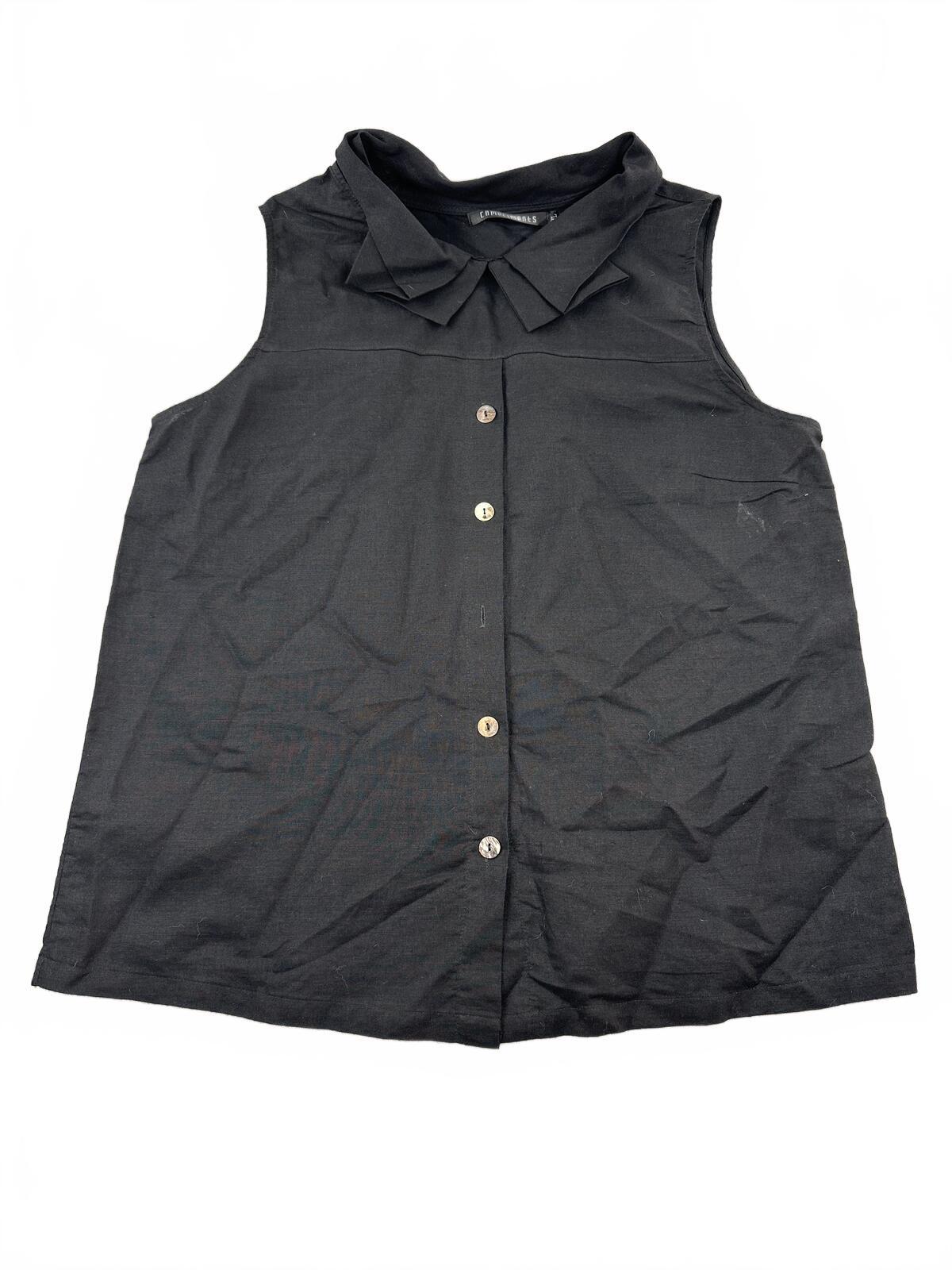 Compliments Black Sleeveless Button Up Blouse with Bow Collar Classic Minimalist