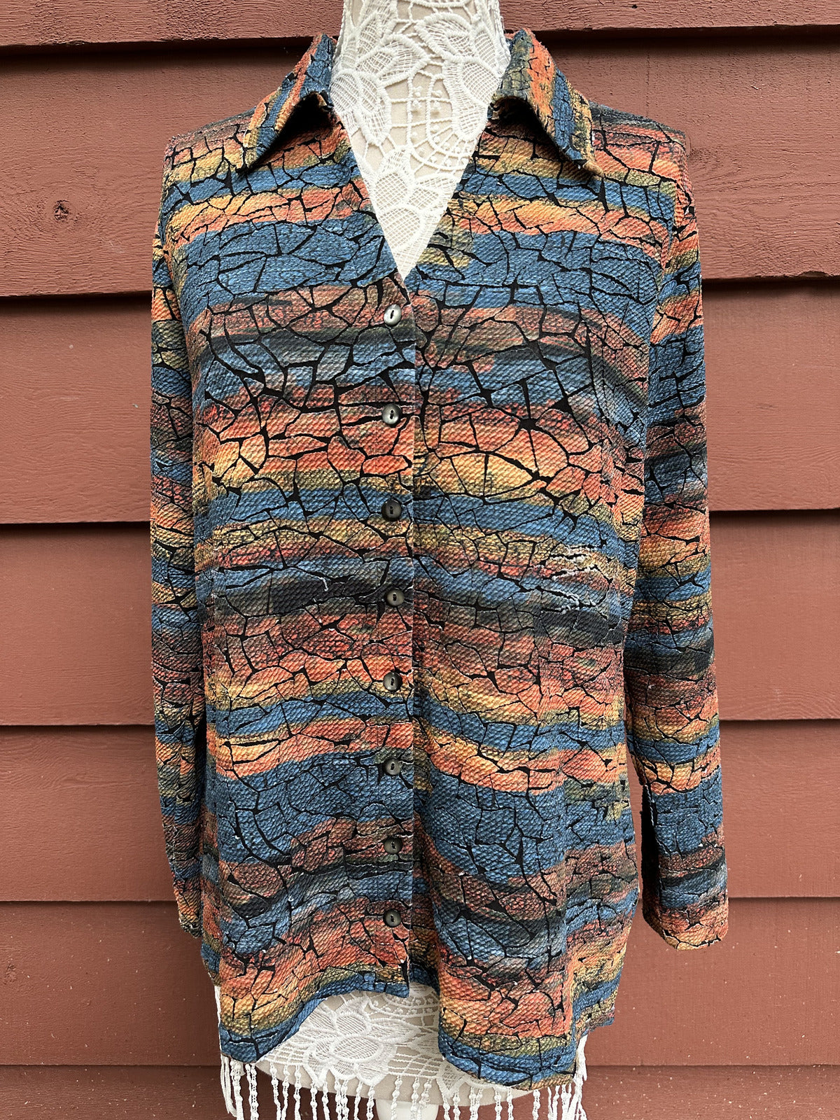 Snoskins Printed Crinkle Long Sleeve Button Up Shirt Retro Y2K Indie