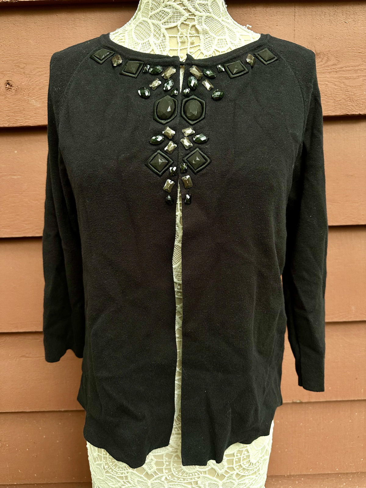 Dana Buchman Open Front Embellished Cardigan Black Y2K Coquette Cottage