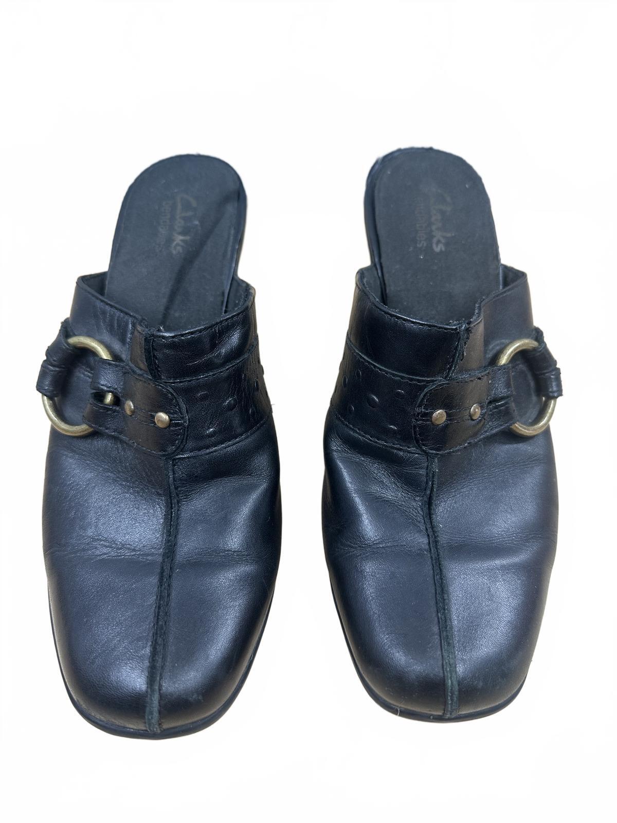 Clarks Black Leather Mules with Block Heel Gold Buckle Detail Classic