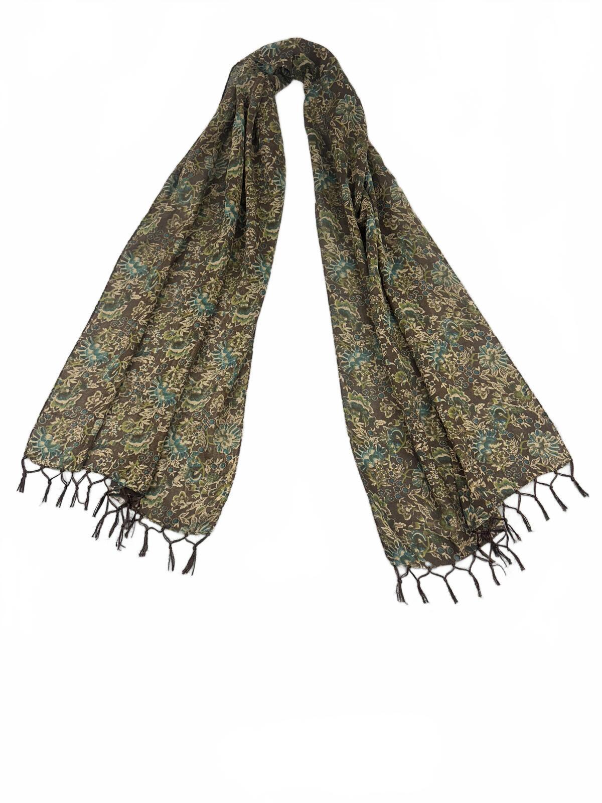 Vintage Inspired Floral Pattern Brown Scarf with Tassels