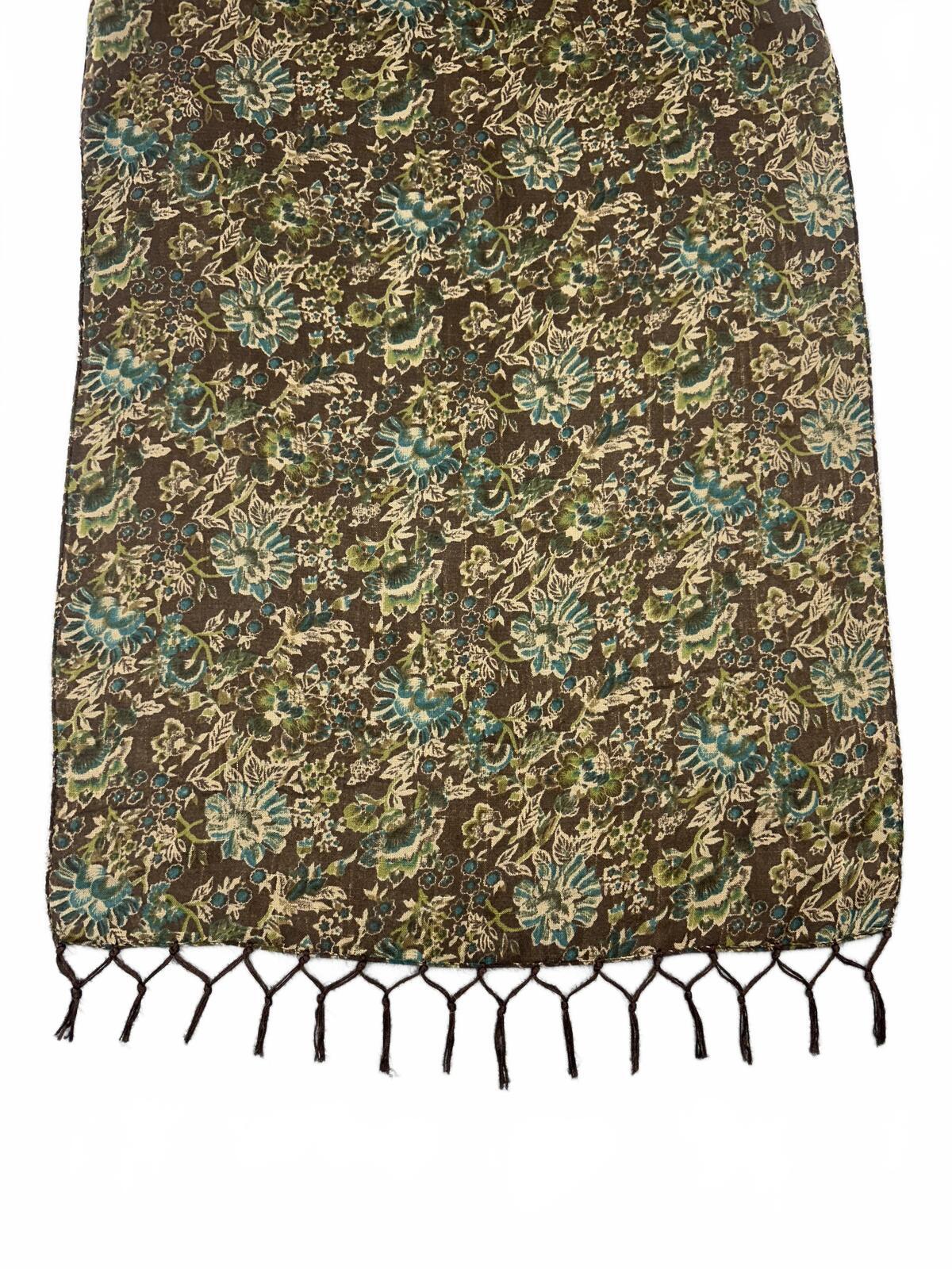 Vintage Inspired Floral Pattern Brown Scarf with Tassels