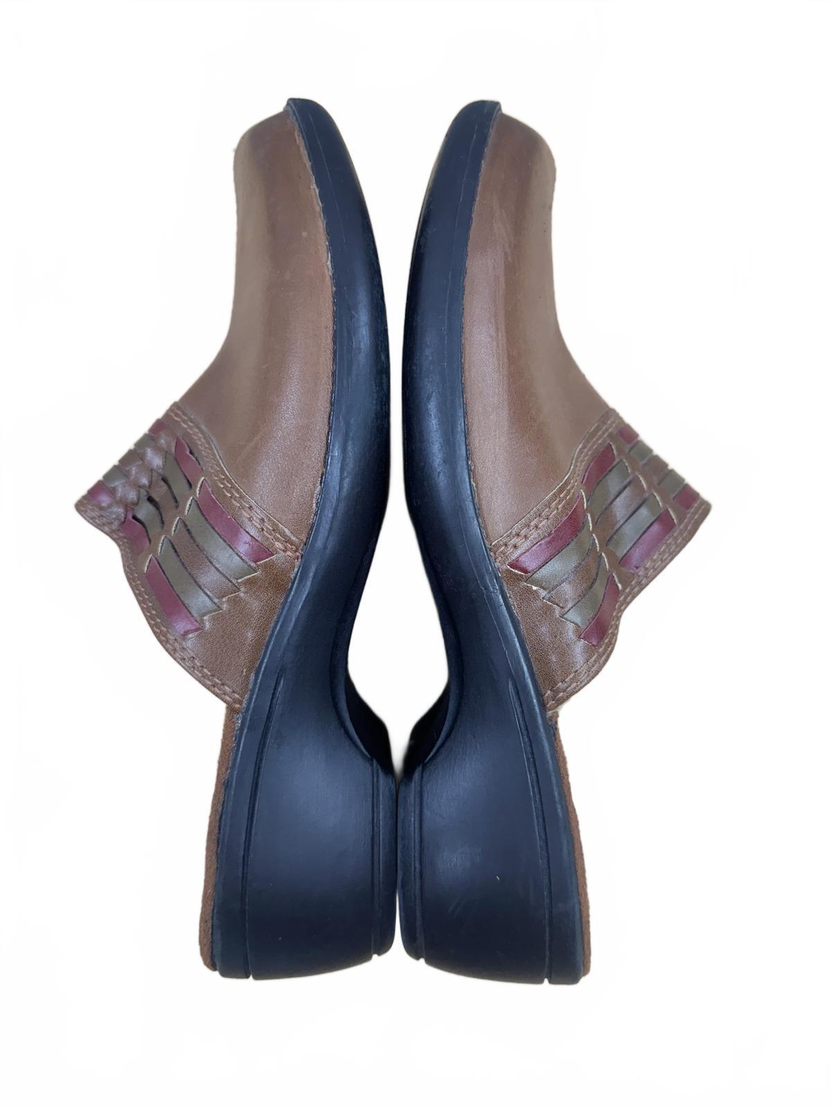 Croft & Barrow Brown Leather Slip On Mules with Burgundy and Olive Woven