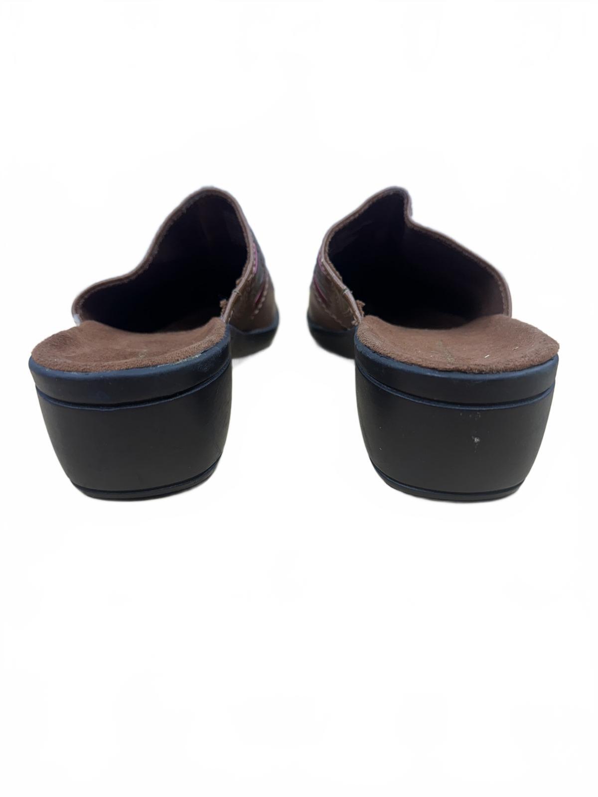 Croft & Barrow Brown Leather Slip On Mules with Burgundy and Olive Woven