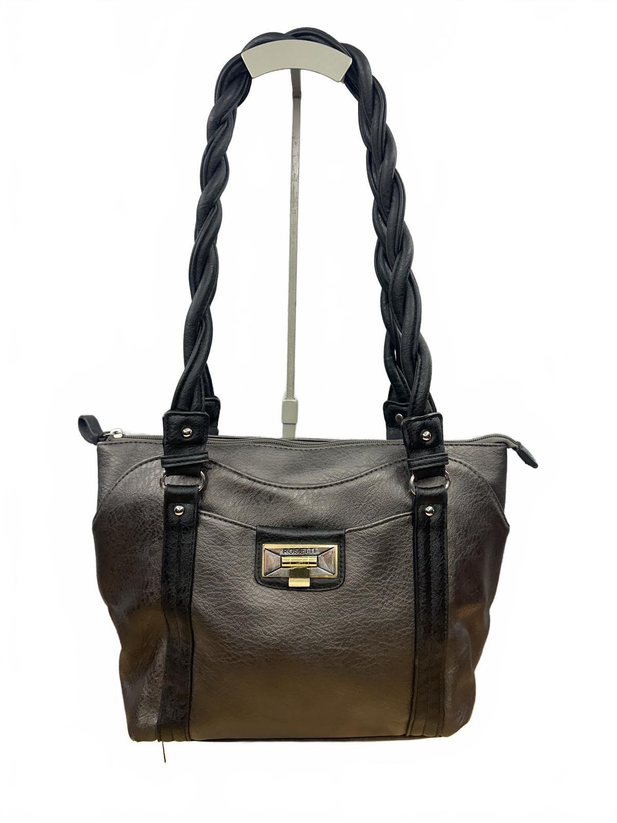 Rosetti Black Faux Leather Tote Bag with Braided Handles