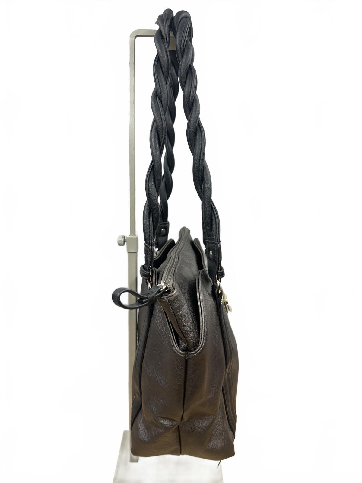 Rosetti Black Faux Leather Tote Bag with Braided Handles