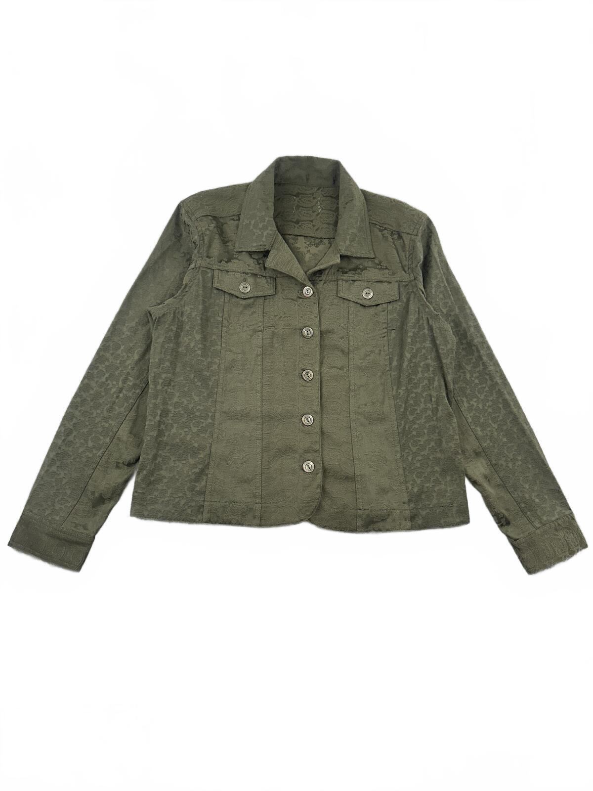 Olive Green Lace Textured Button Up Jacket