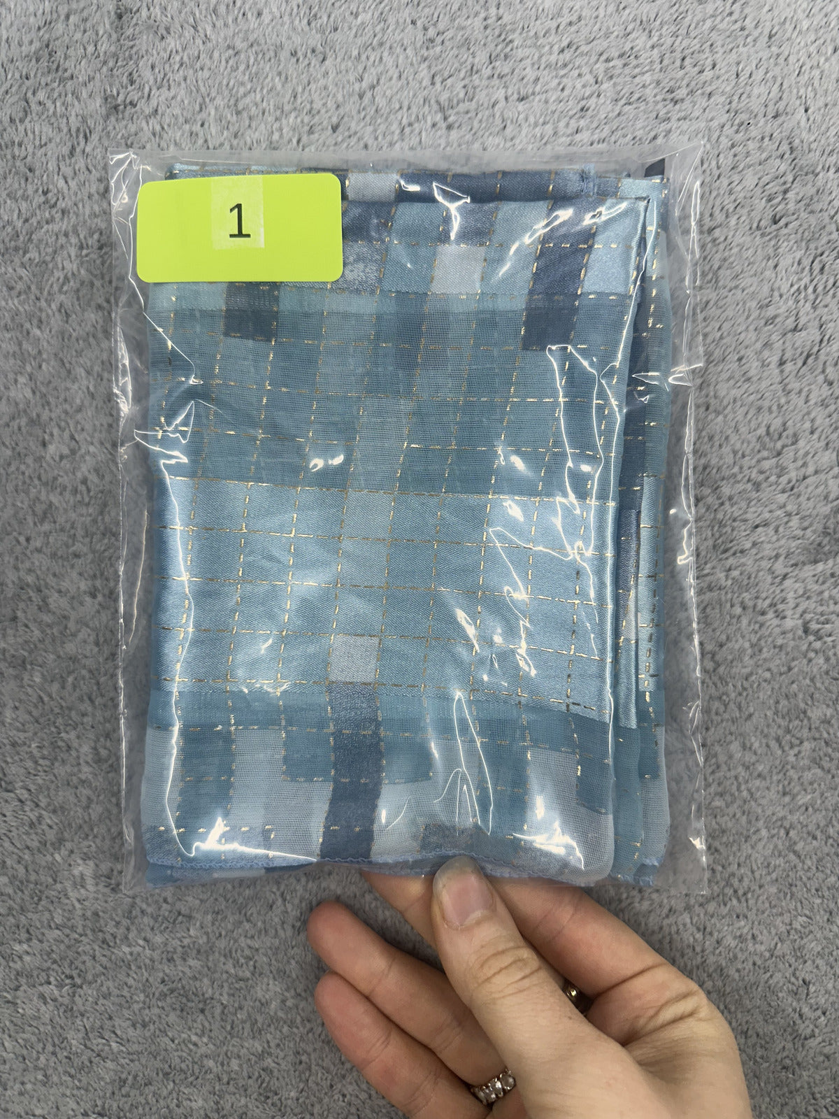 Blue Geometric Pattern Scarf with Metallic Stitching