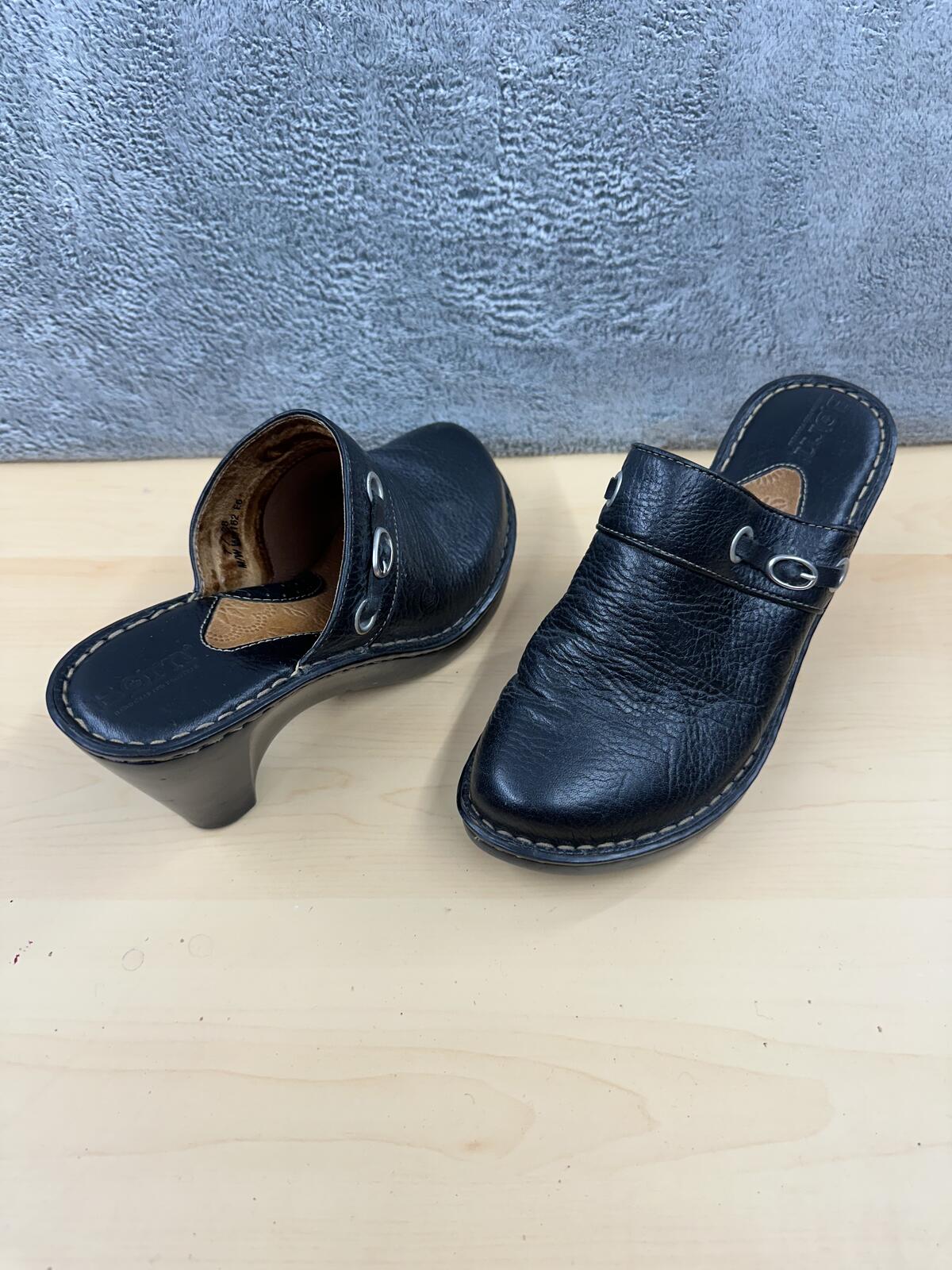 Born Black Leather Mule Heels Casual Chic Wedge Shoes