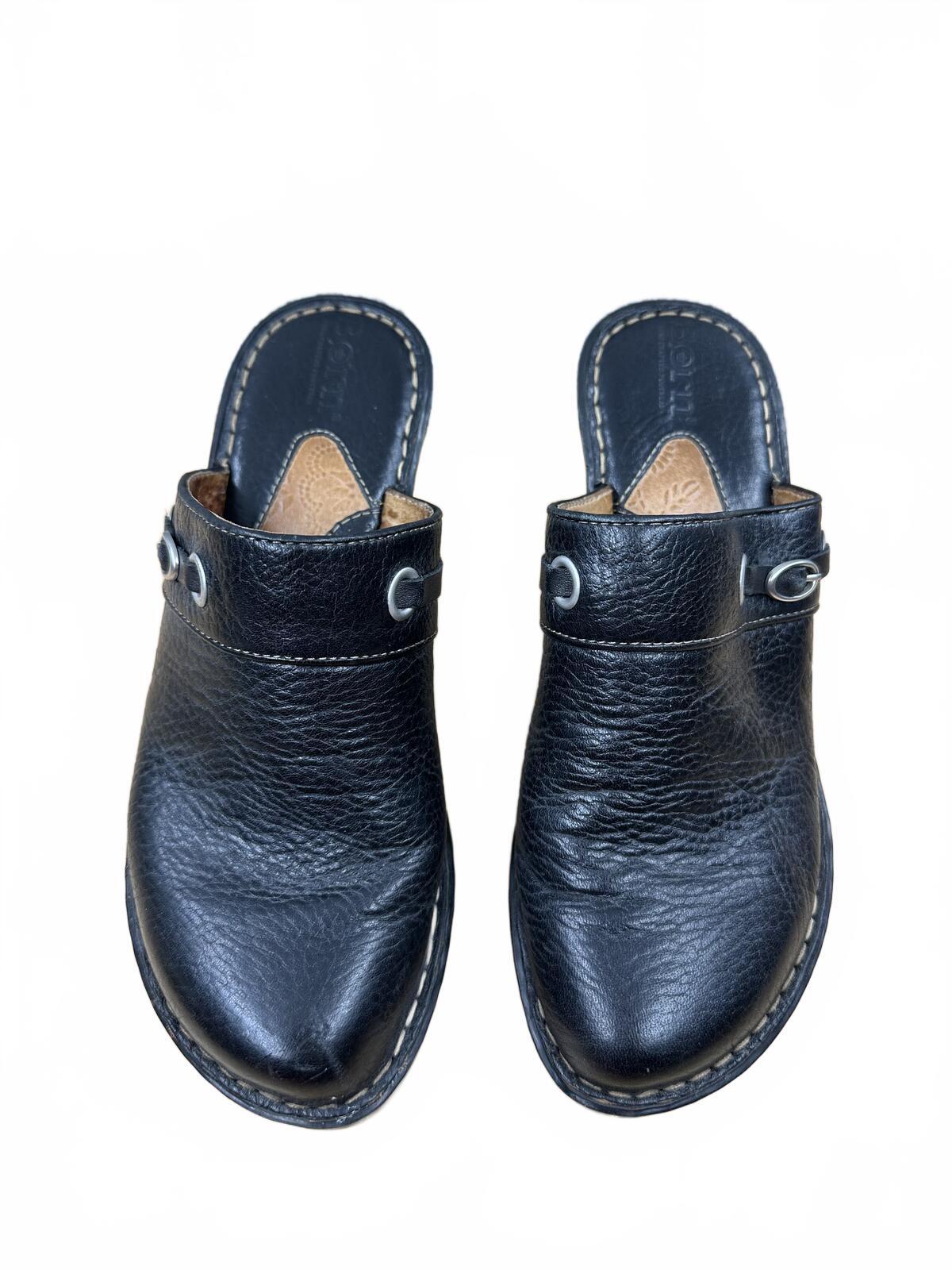 Born Black Leather Mule Heels Casual Chic Wedge Shoes