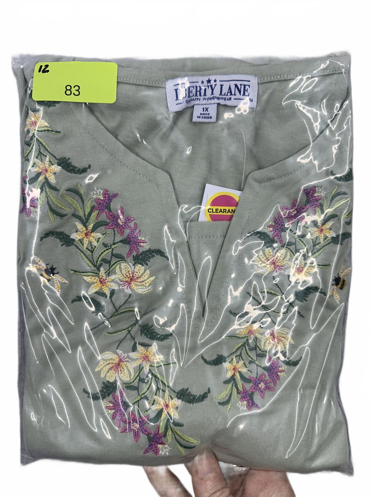 NWT Liberty Lane Sage Green Floral Embroidered T Shirt