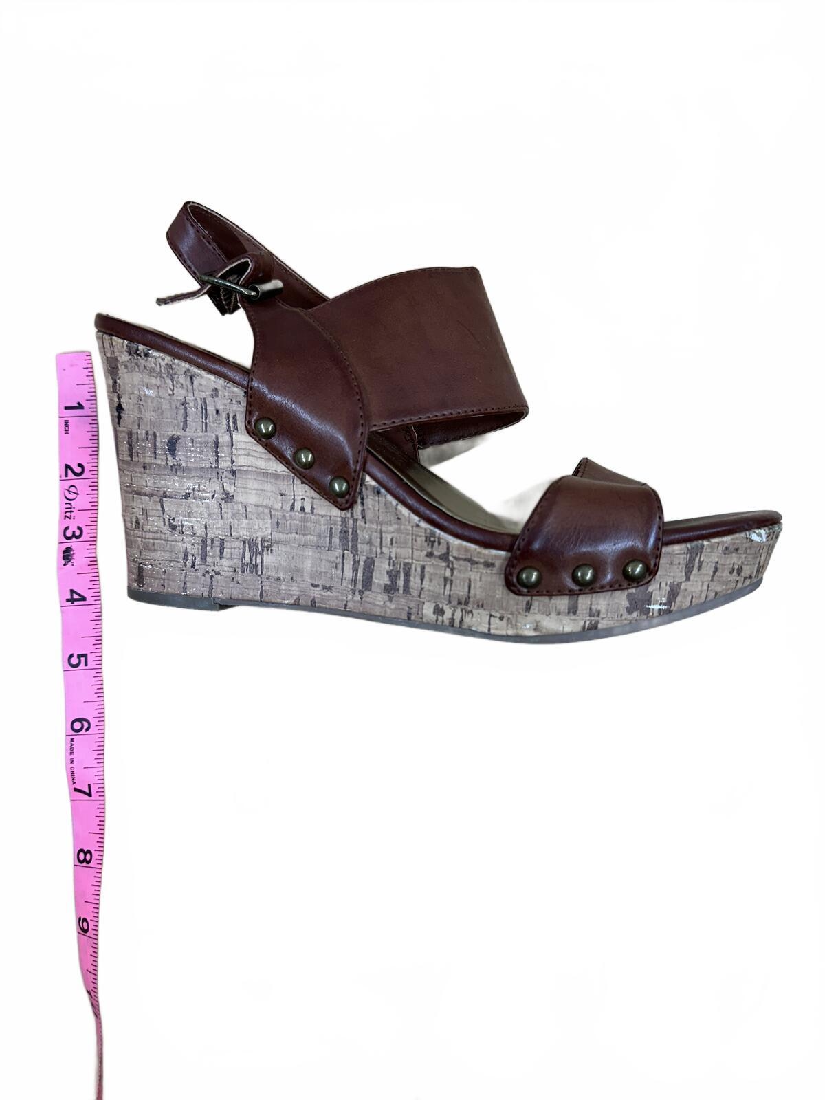 Material Girl Brown Faux Leather Wedge Sandals Cork Heel Casual Summer