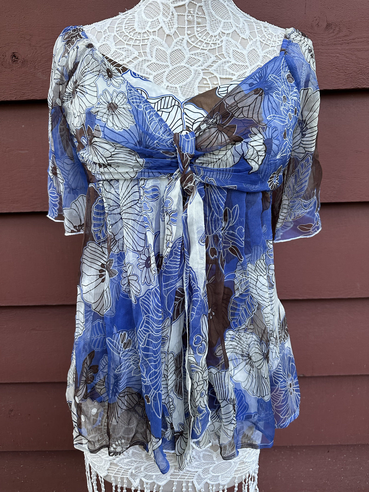 Karen Kane Floral Silk Tie Front Top Size Large