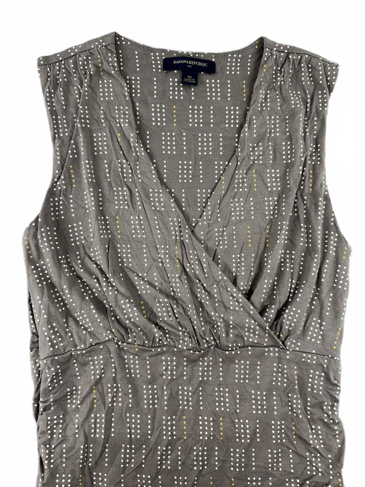 Banana Republic Sleeveless Ruched V Neck Dress in Taupe with Subtle Dotted Print