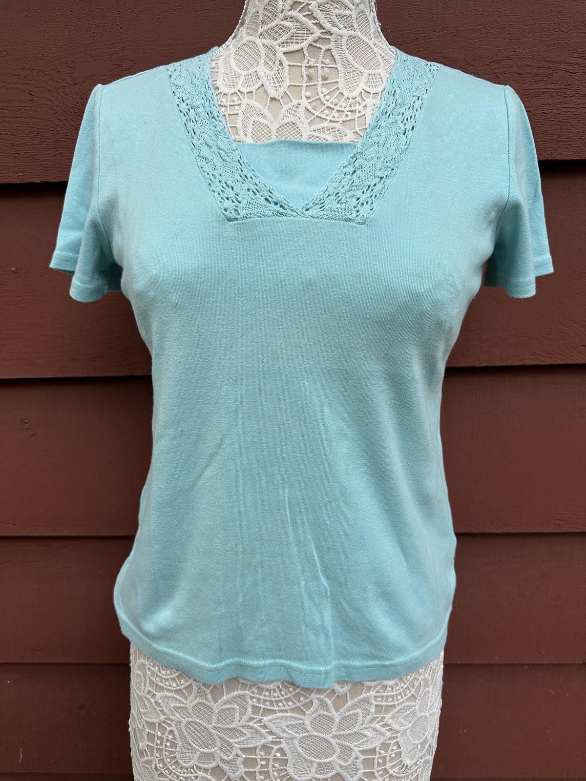 Basic Editions Light Blue Cotton Tee with Lace V-Neck Soft Pastel Feminine