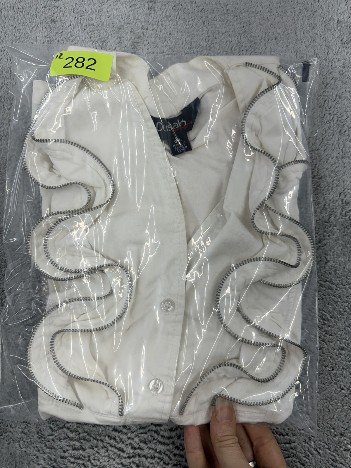 Dusak Designs White Sleeveless Blouse with Silver Zipper Ruffle Trim