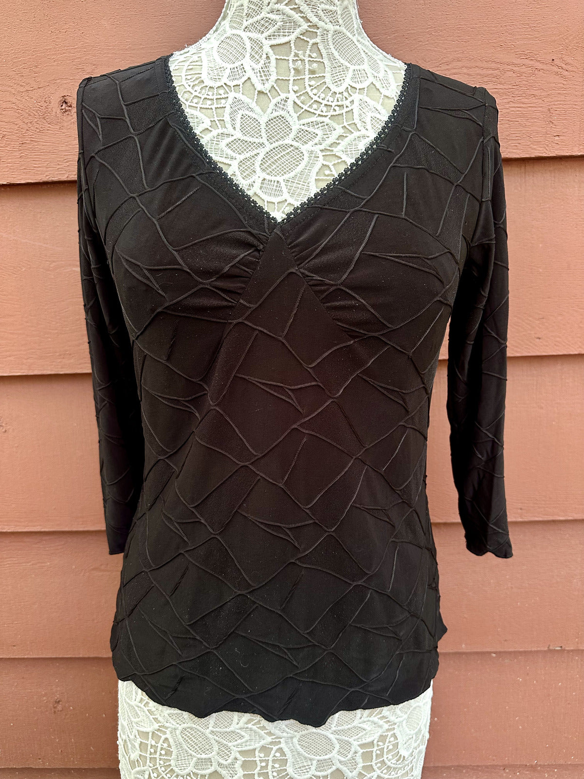 Wrapper Black Textured V-Neck Long Sleeve Top Casual Office Wear