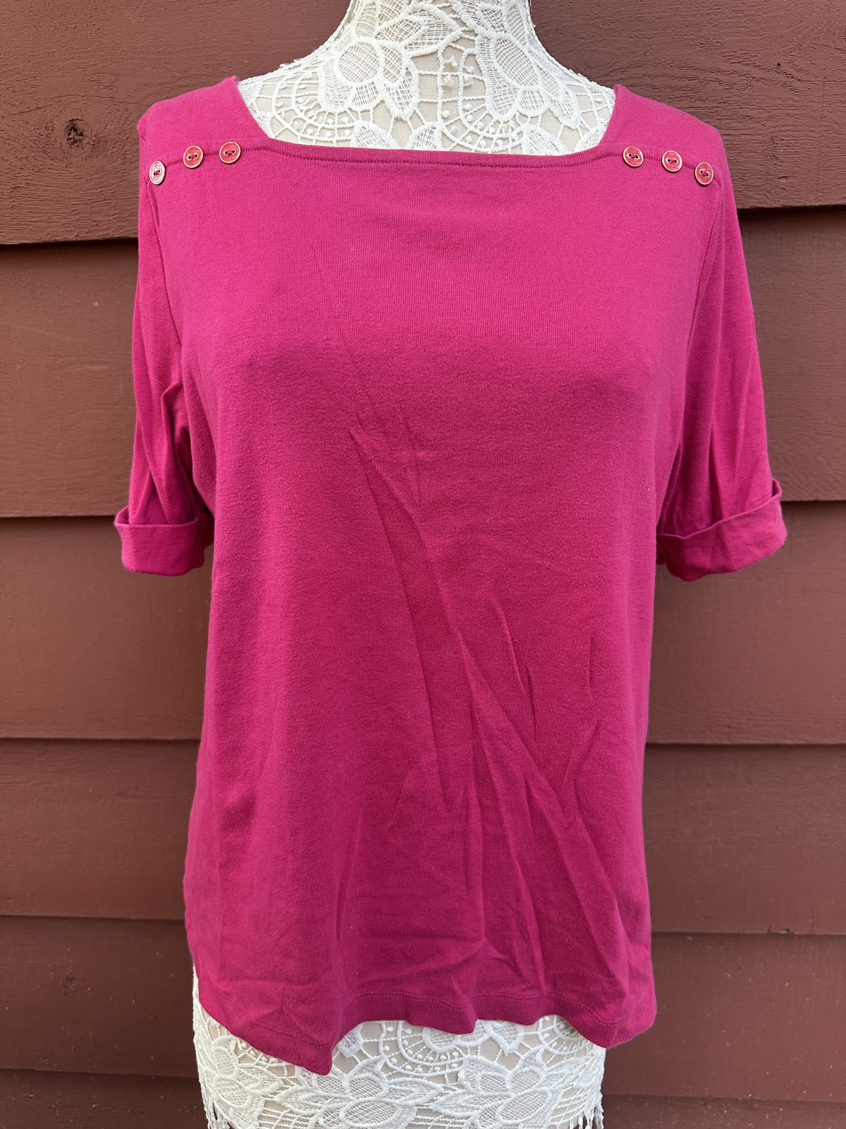 Croft & Barrow Vibrant Fuchsia Boatneck Top with Decorative Shoulder Buttons