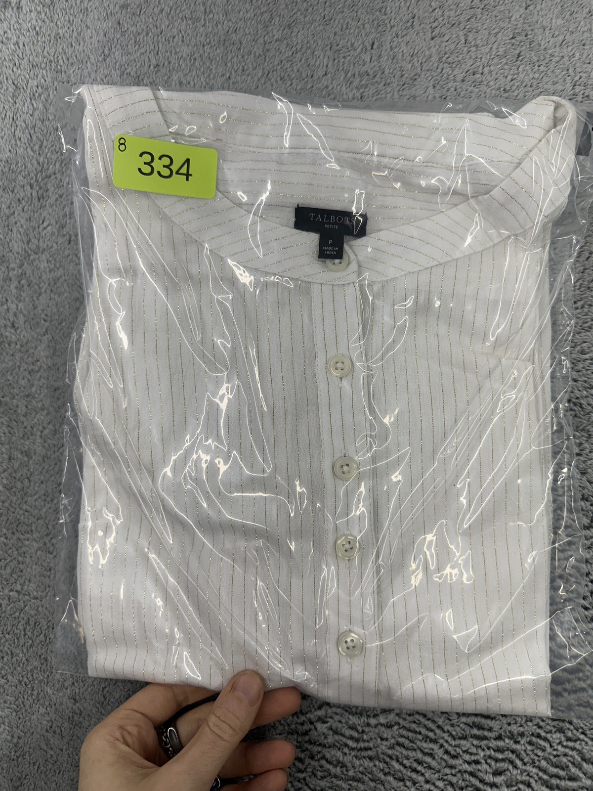 Talbots Petite White Blouse with Gold Stripes Lightweight Button Up Long Sleeve