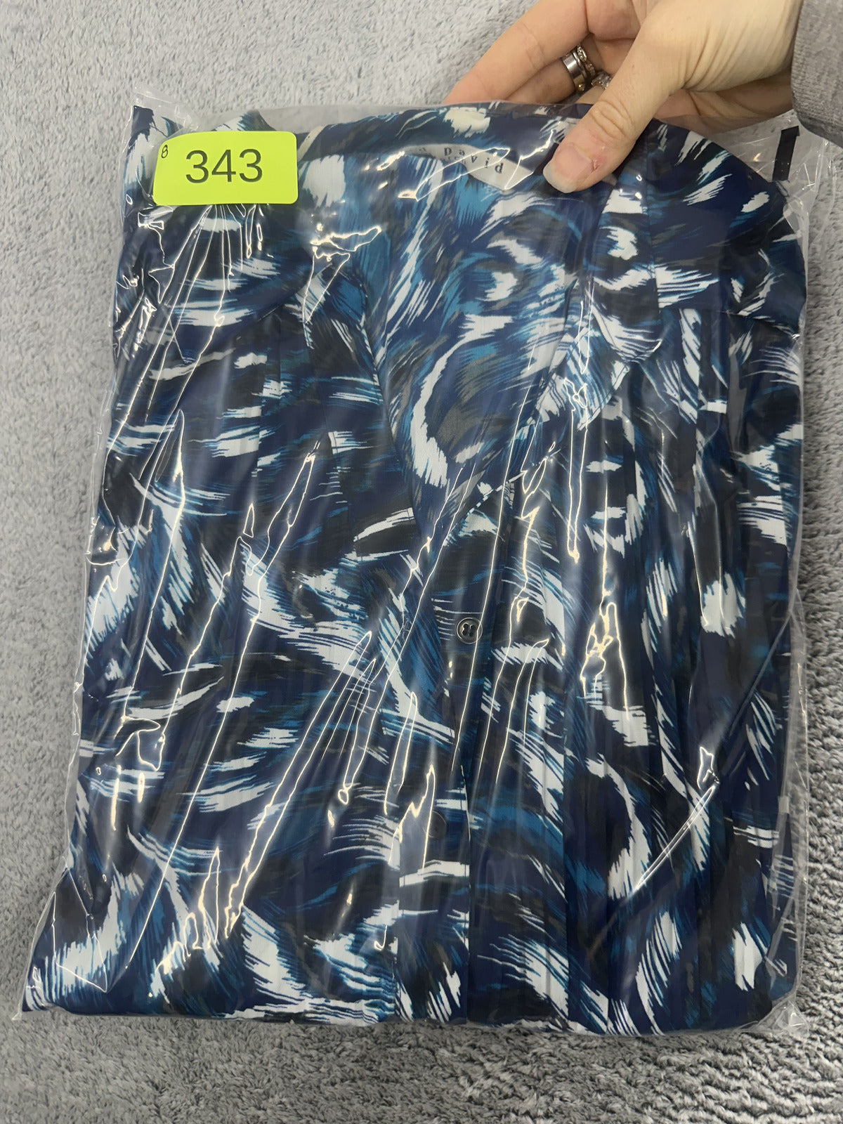 Fred David Y2K Office Siren Blouse in Blue Black Abstract Brushstroke Pattern
