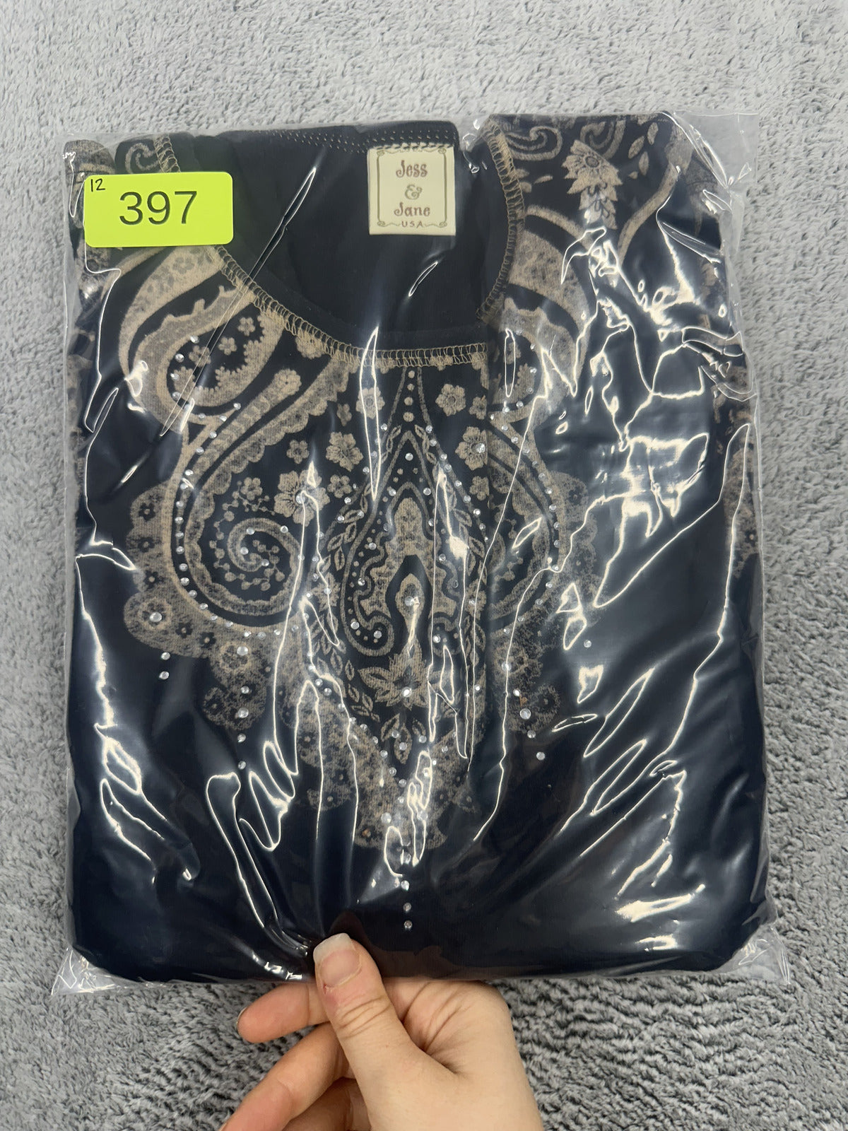 Jess & Jane Black and Cream Paisley Print Top Bohemian Chic Relaxed Fit