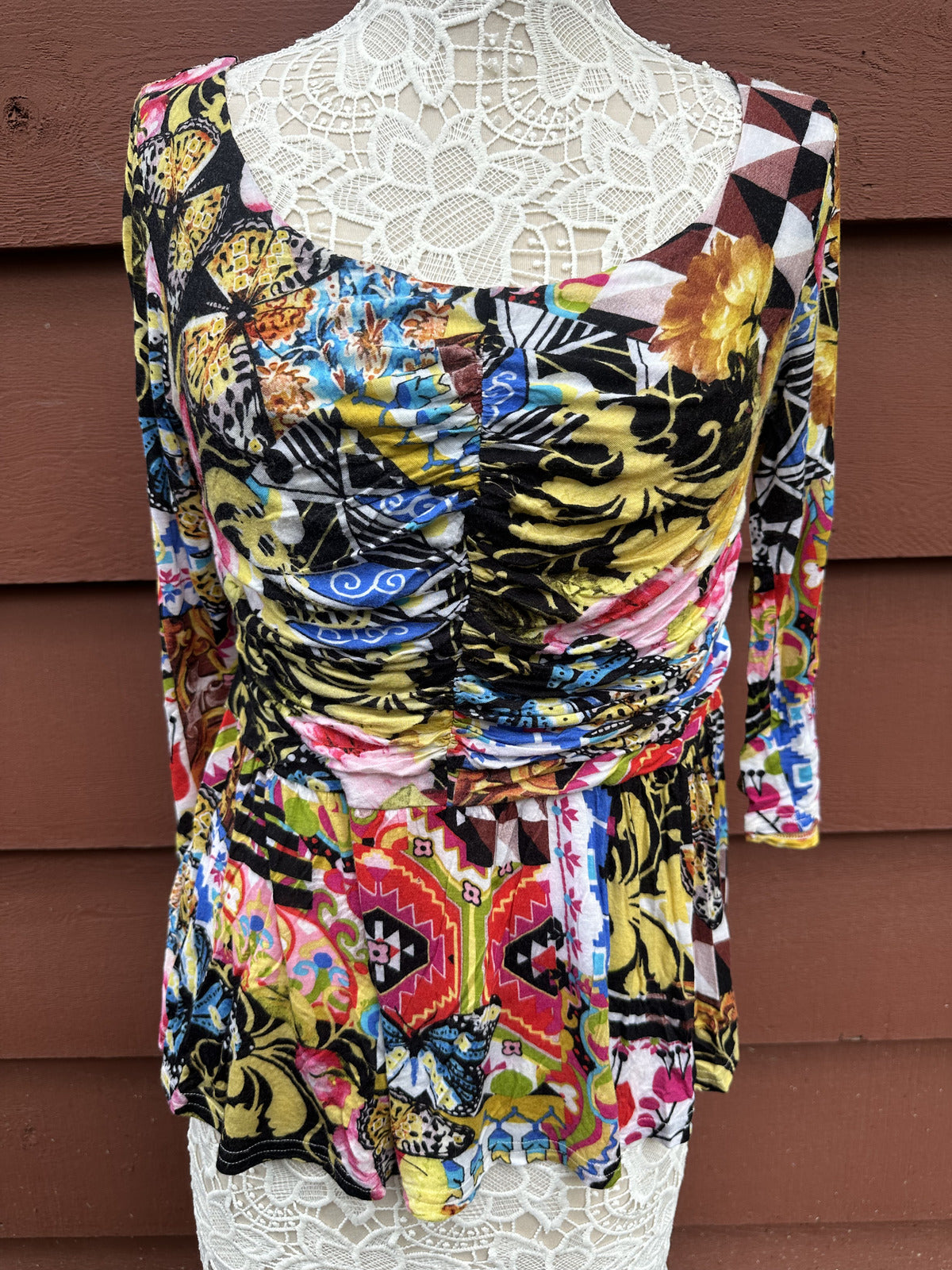 V Cristina Long Sleeve Blouse Multi Color Patchwork Floral Geometric Print