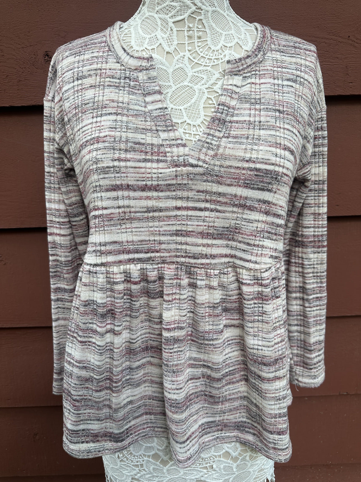 Maurices Space dye Babydoll Long Sleeve Tee Black White Flowy Knit Top