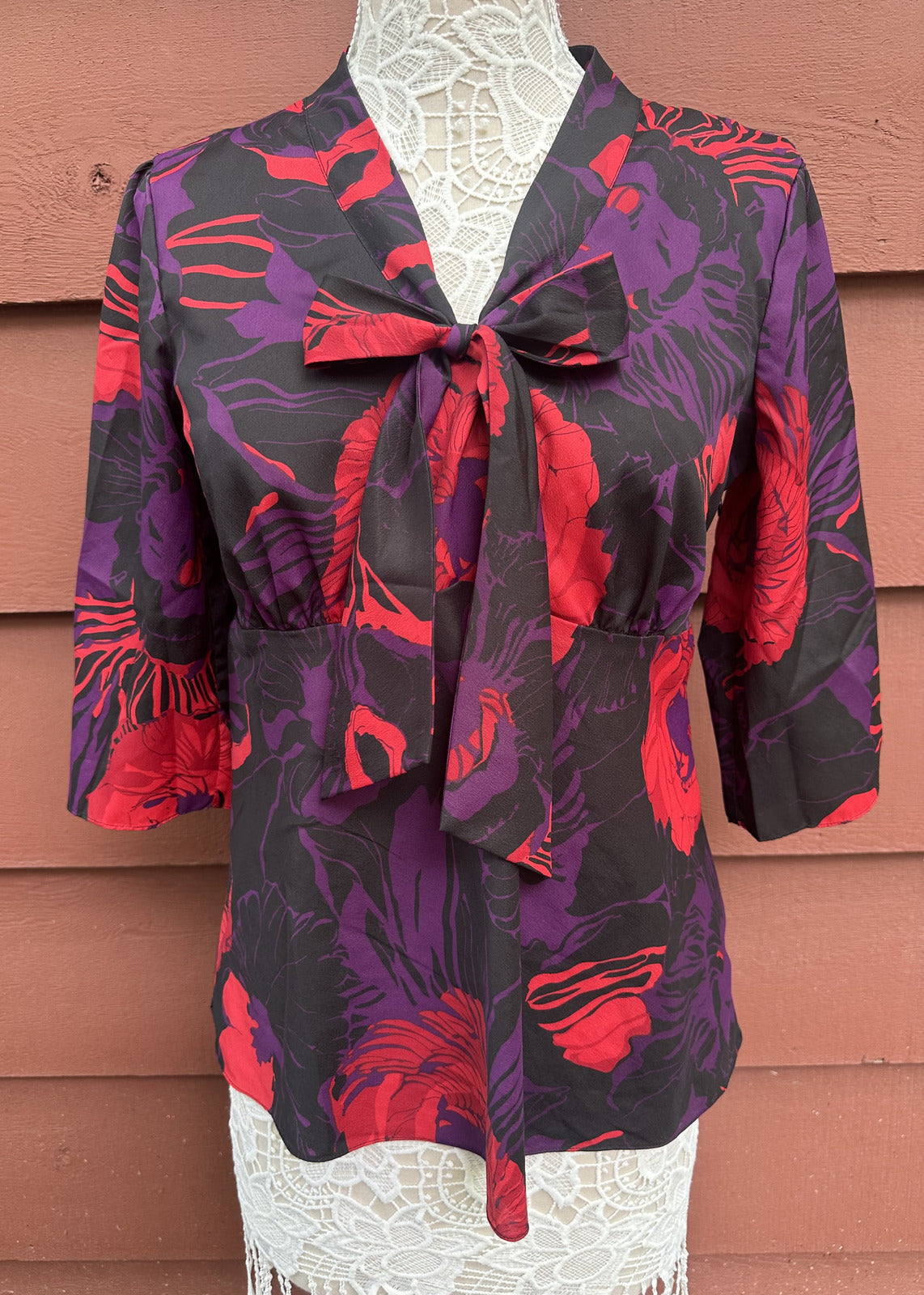 Calvin Klein Floral Bow Collar 3/4 Sleeve Blouse Red Purple