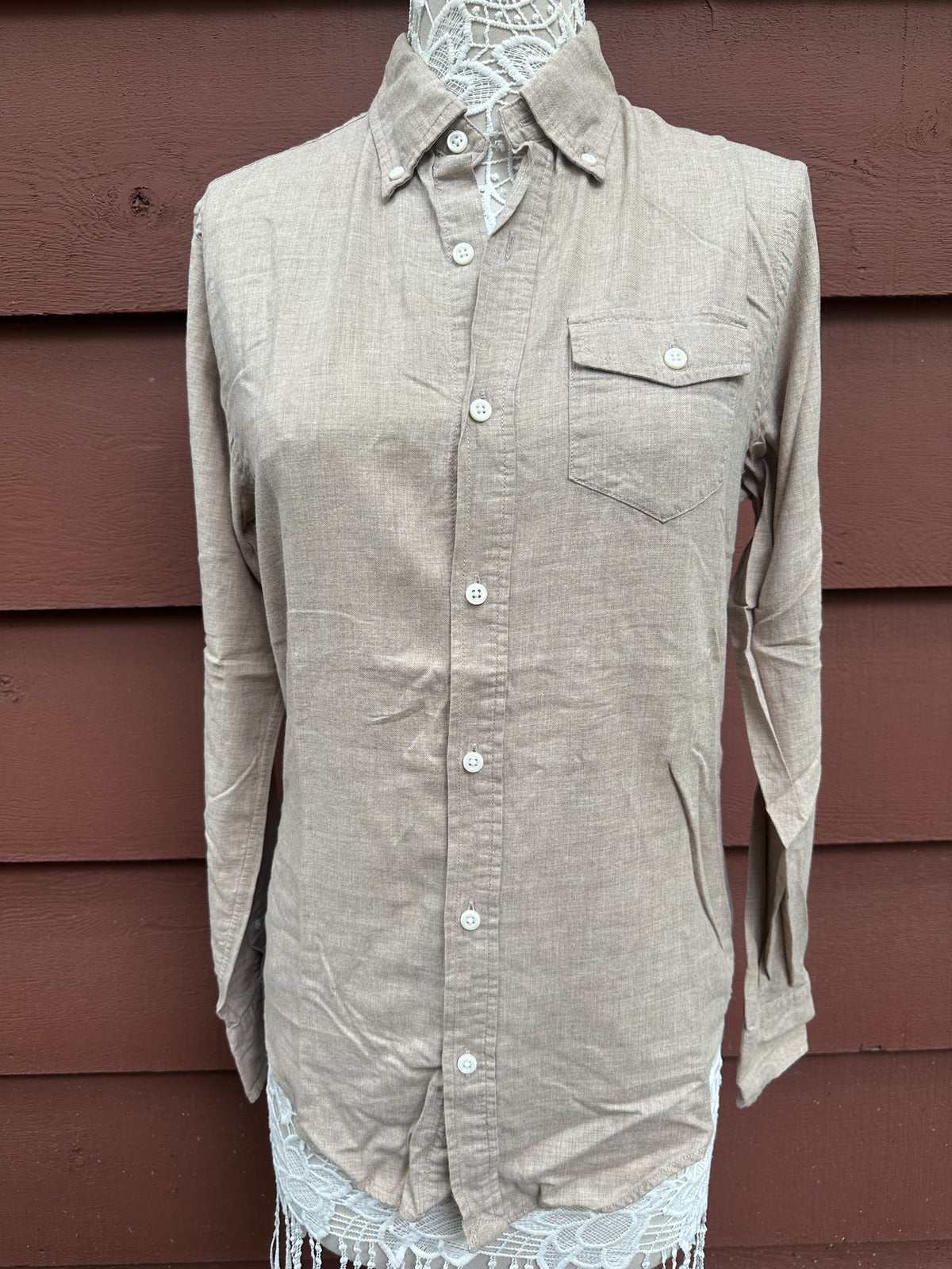 Club Monaco Slim Fit Linen Button Down Shirt Cream Brown Minimalist