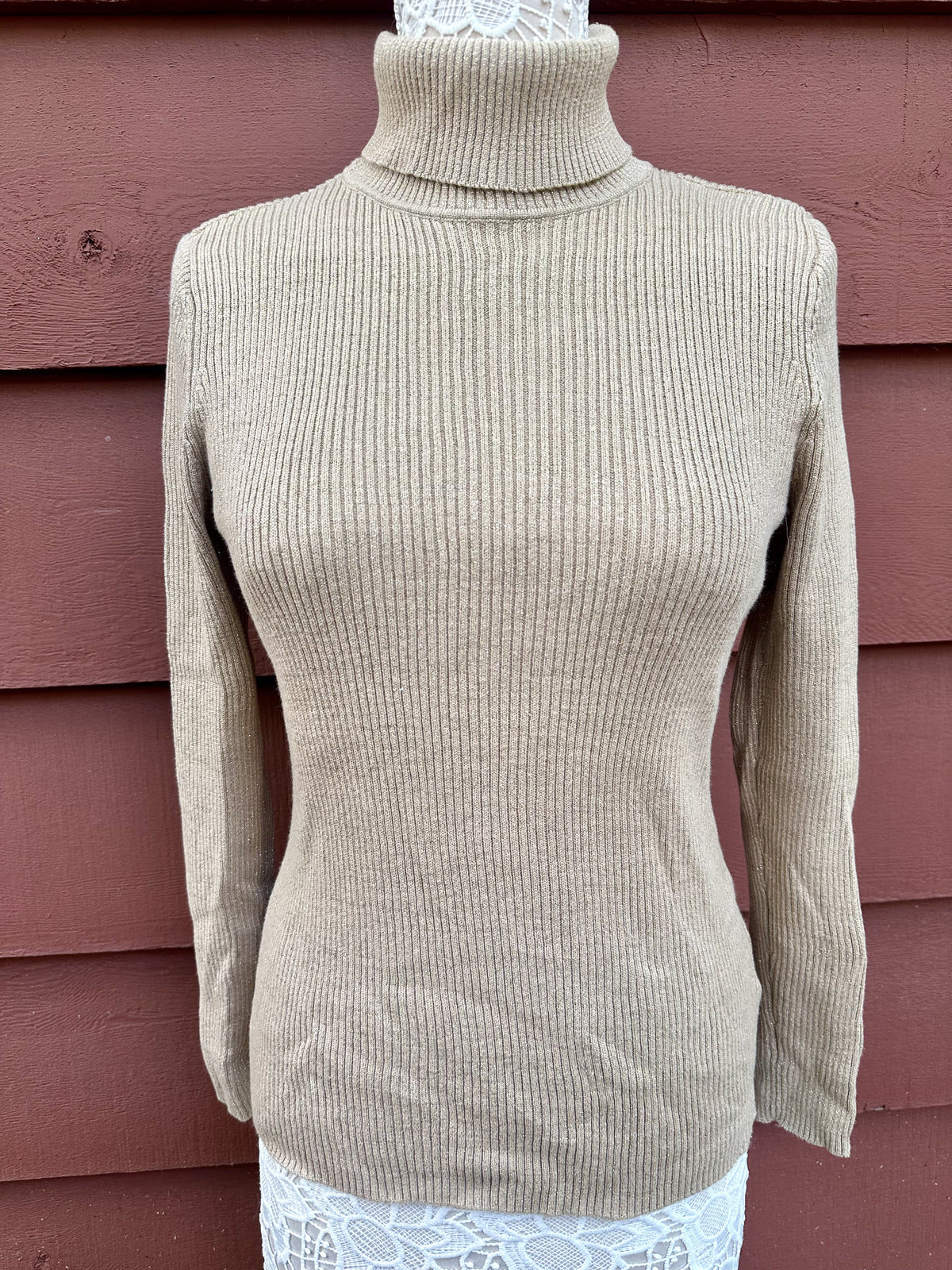Basic Editions Beige Ribbed Knit Turtleneck Sweater Classic Minimalist 90s