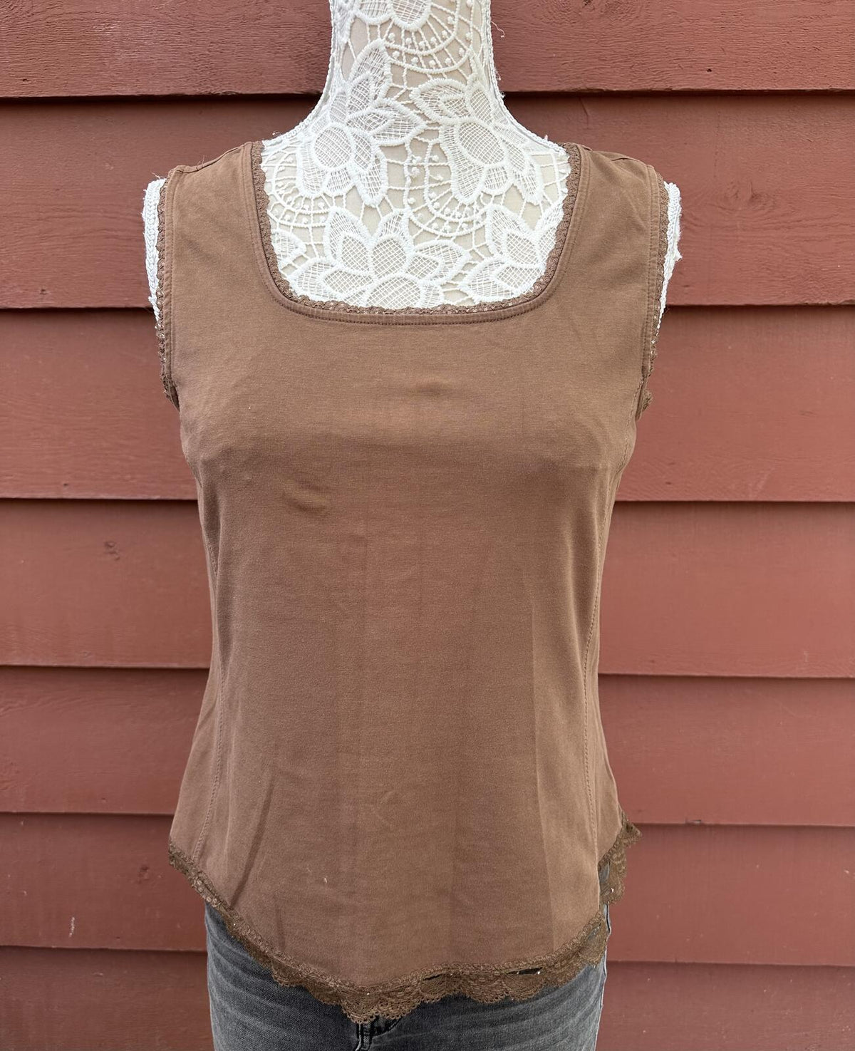 Coldwater Creek Brown Lace Trim Tank Top Y2K Casual Feminine Summer Layer