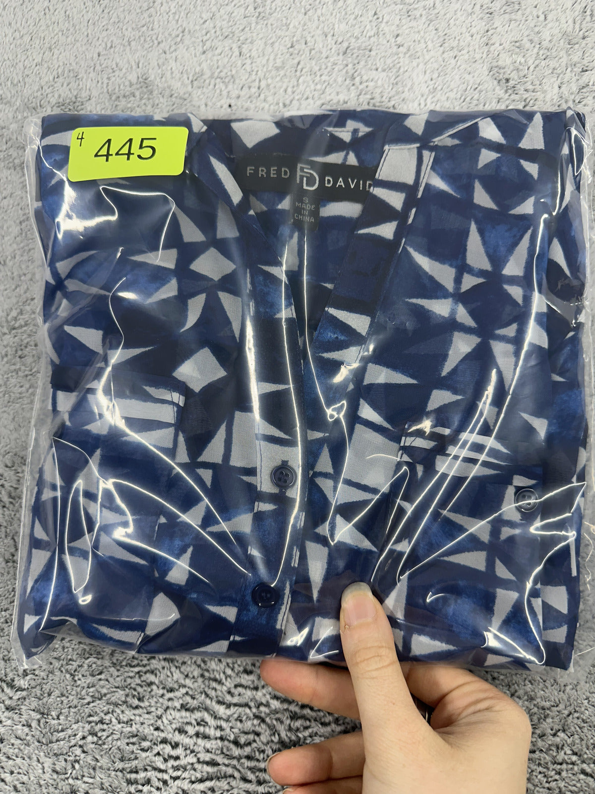 Fred David Geometric Blue and White Blouse Bohemian Casual Preppy