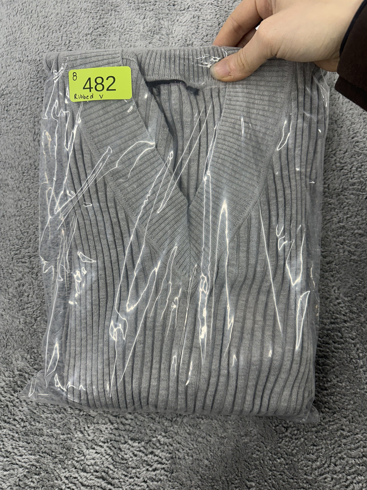 Y2K Style Gray Ribbed Knit V-Neck Sweater with Roll Tab Sleeves