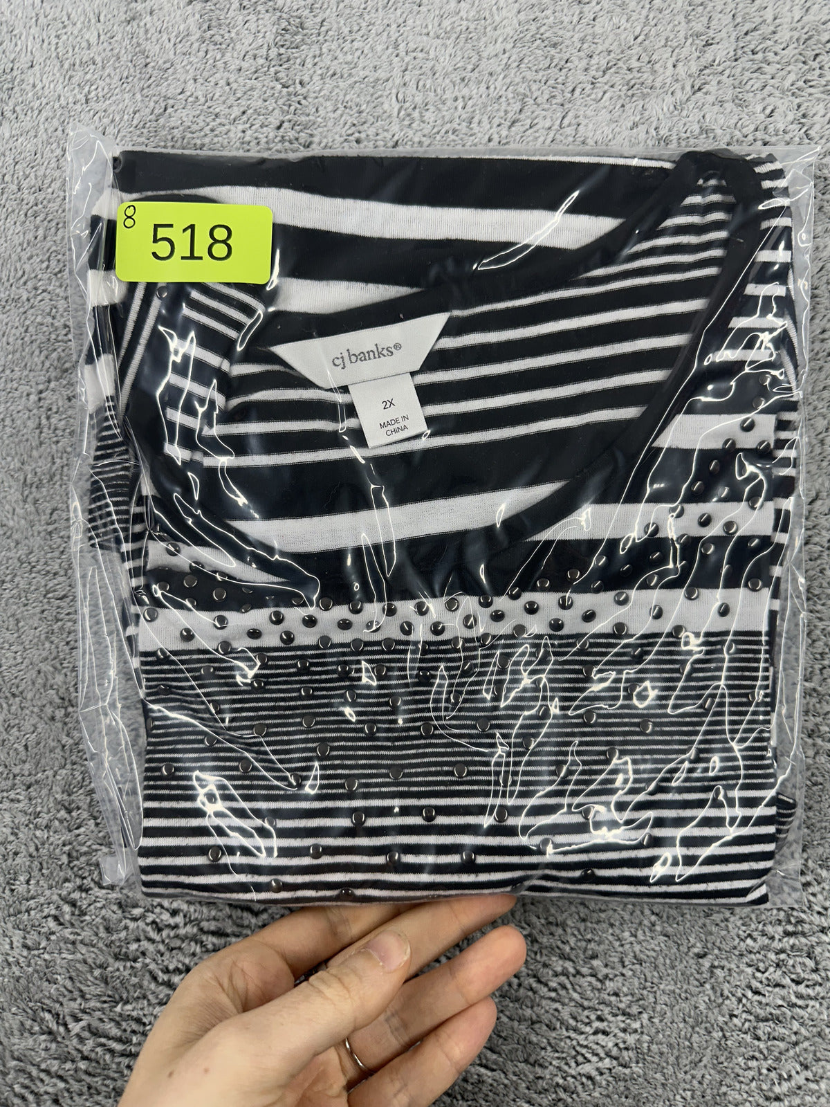 CJ Banks Black and White Striped Studded Short Sleeve Top Casual Y2K