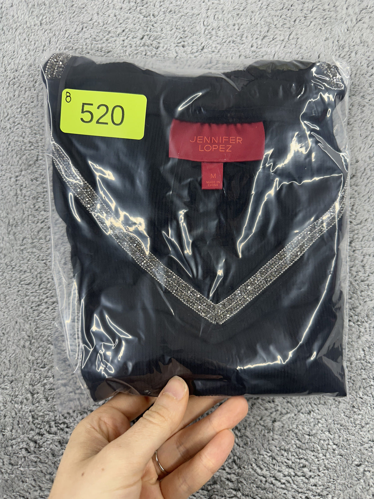 Jennifer Lopez Black V Neck Tee with Sparkling Silver Embellished Trim