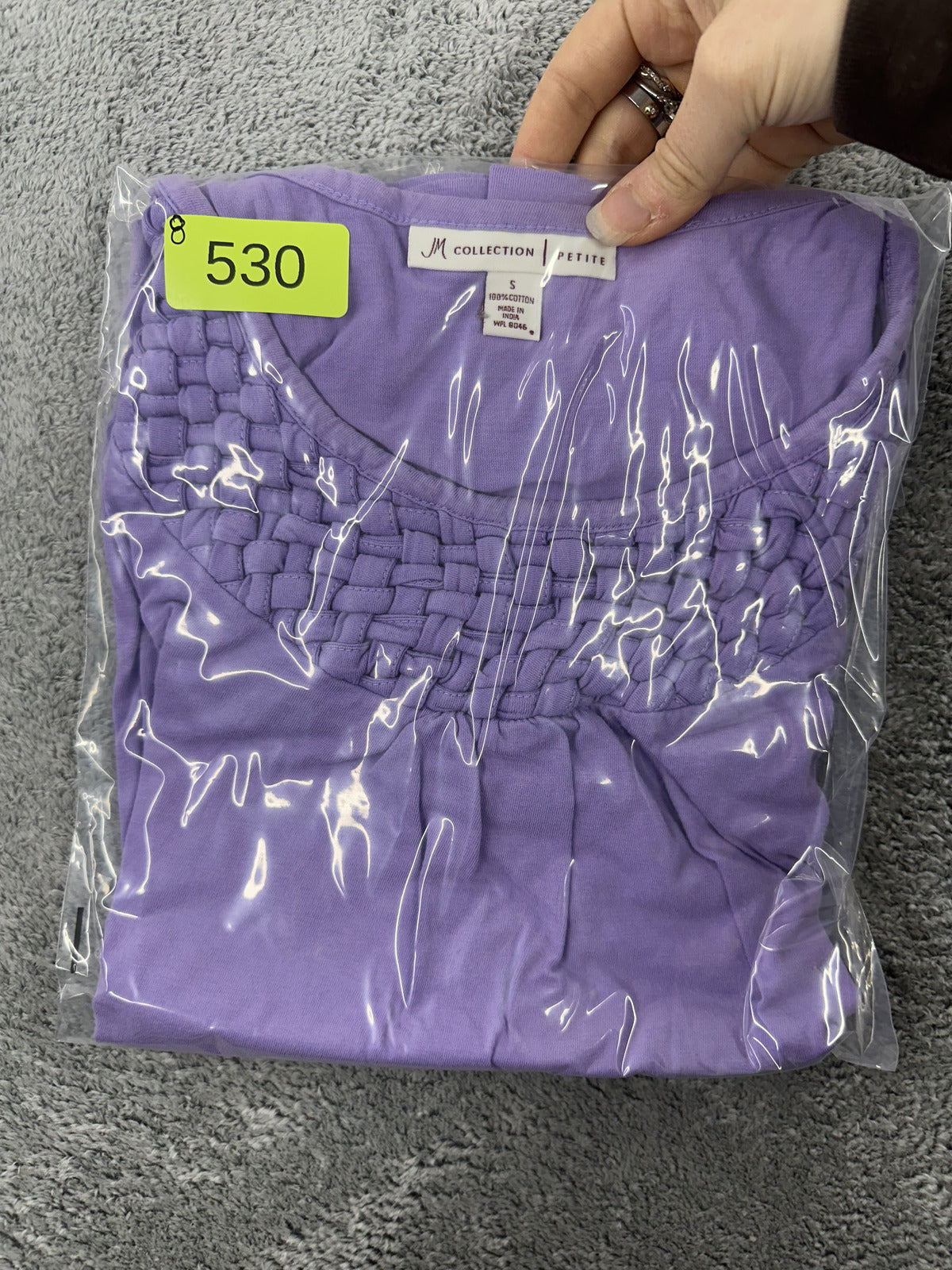 JM Collection Petite Lavender Cotton Top with Woven Neckline Feminine