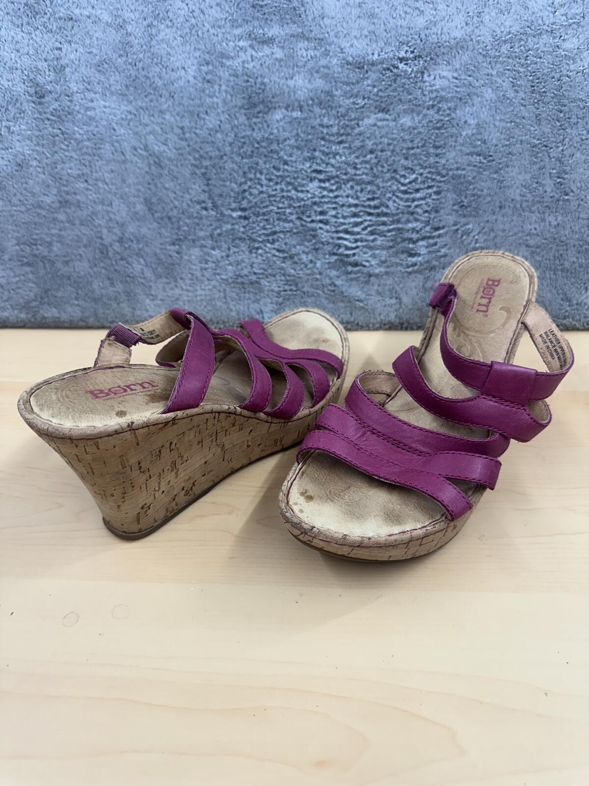 Born Pink Purple Leather Wedge Sandals with Cork Heel