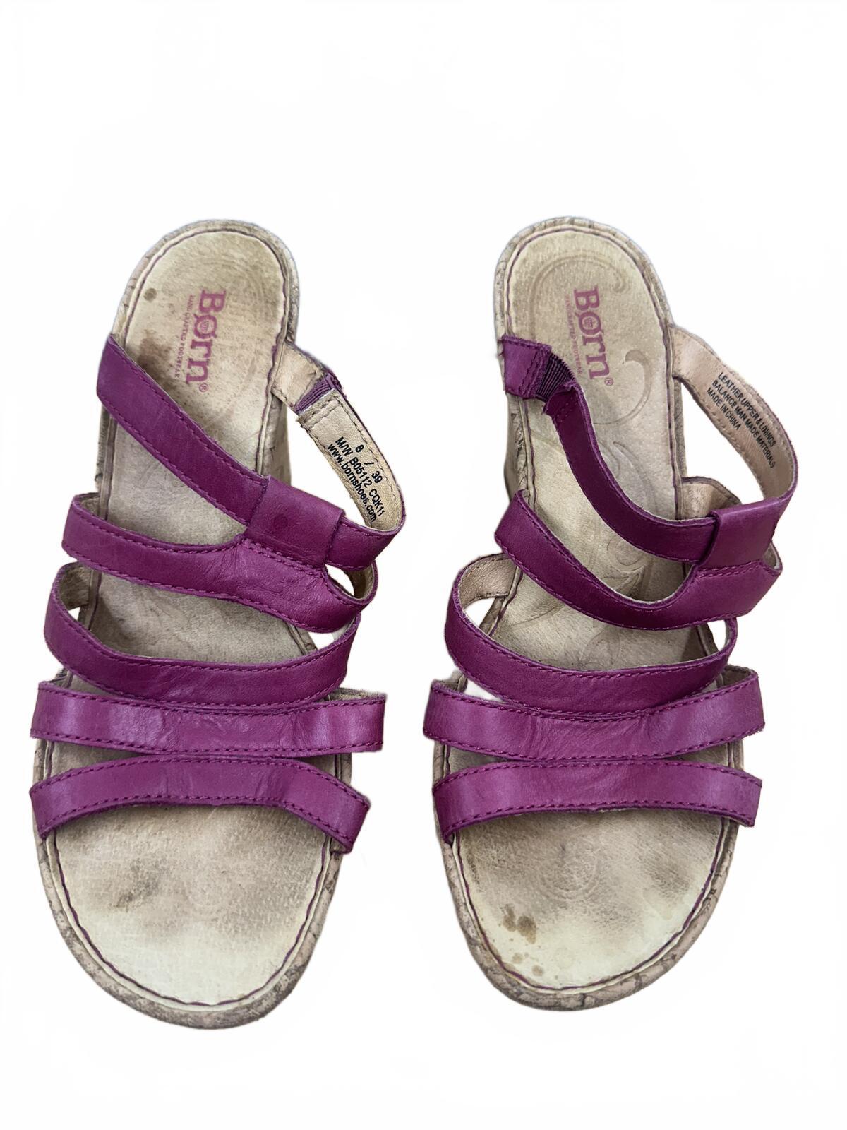 Born Pink Purple Leather Wedge Sandals with Cork Heel