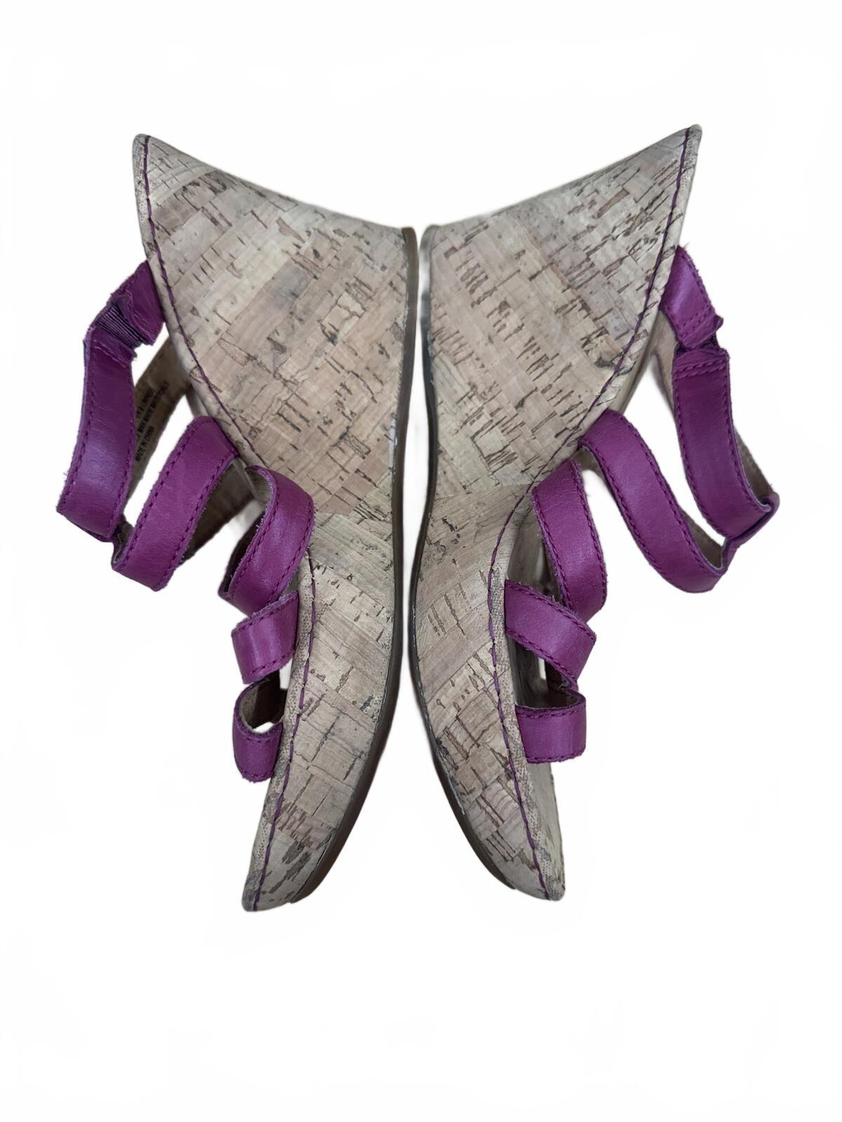 Born Pink Purple Leather Wedge Sandals with Cork Heel