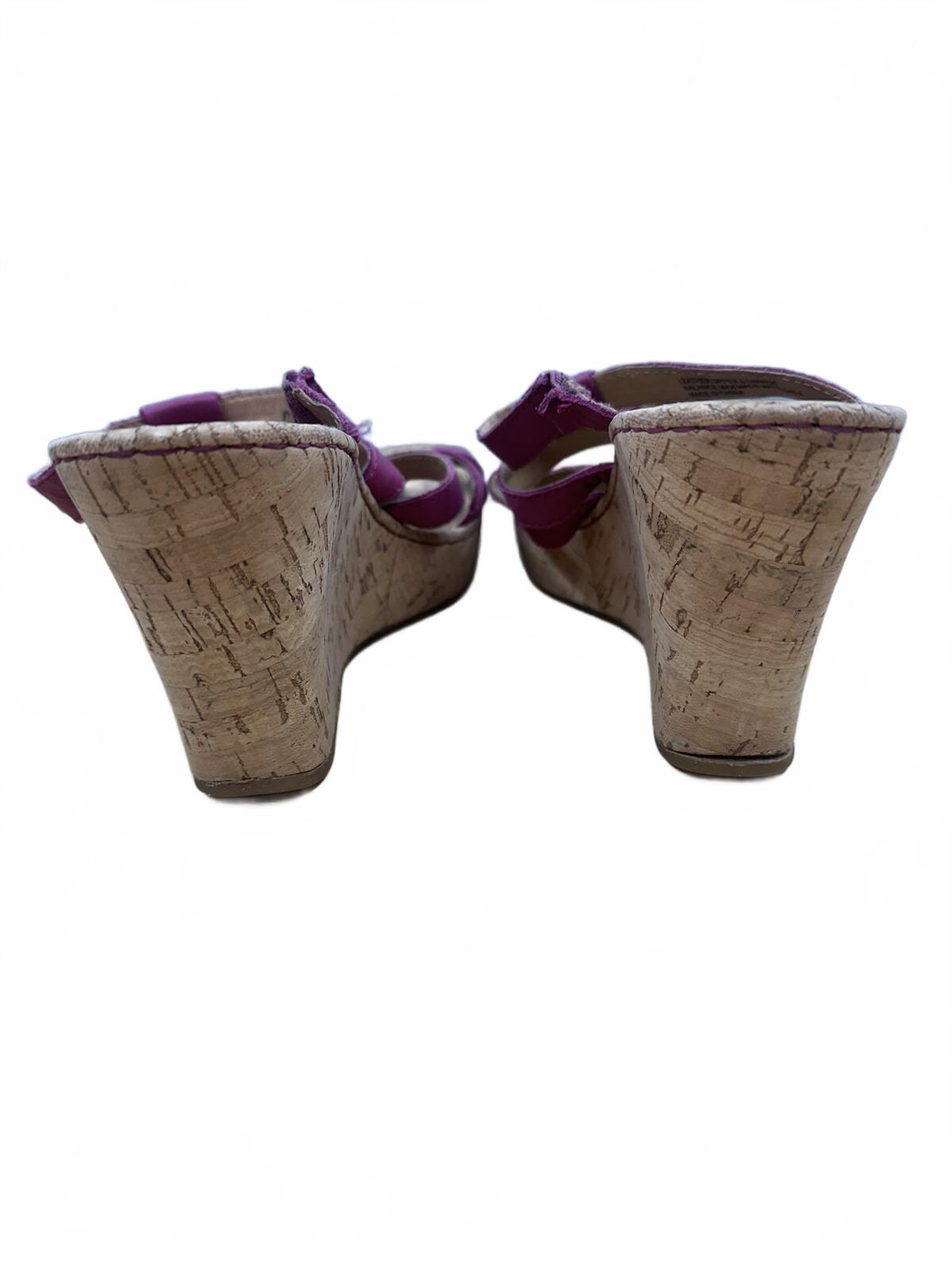 Born Pink Purple Leather Wedge Sandals with Cork Heel