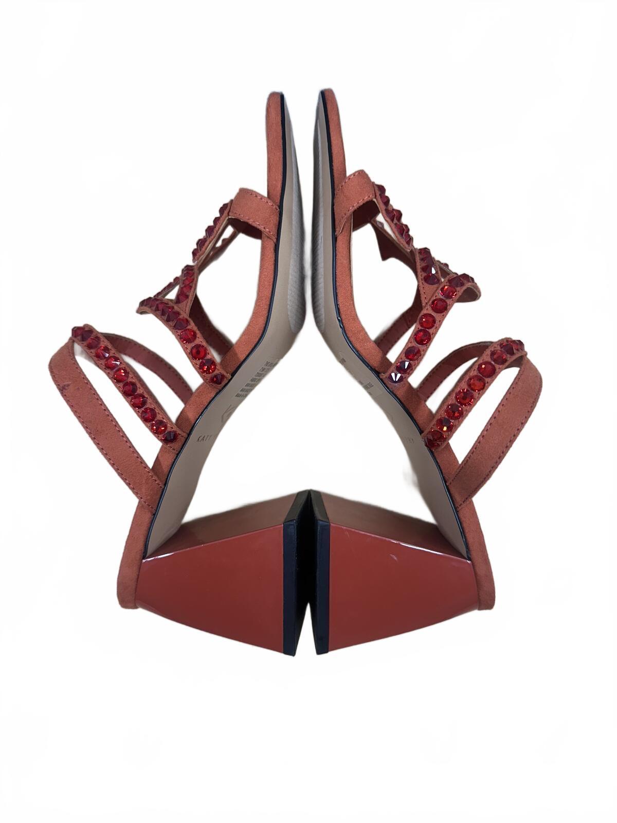 Katy Perry Red Orange Gem Embellished Block Heel Sandals