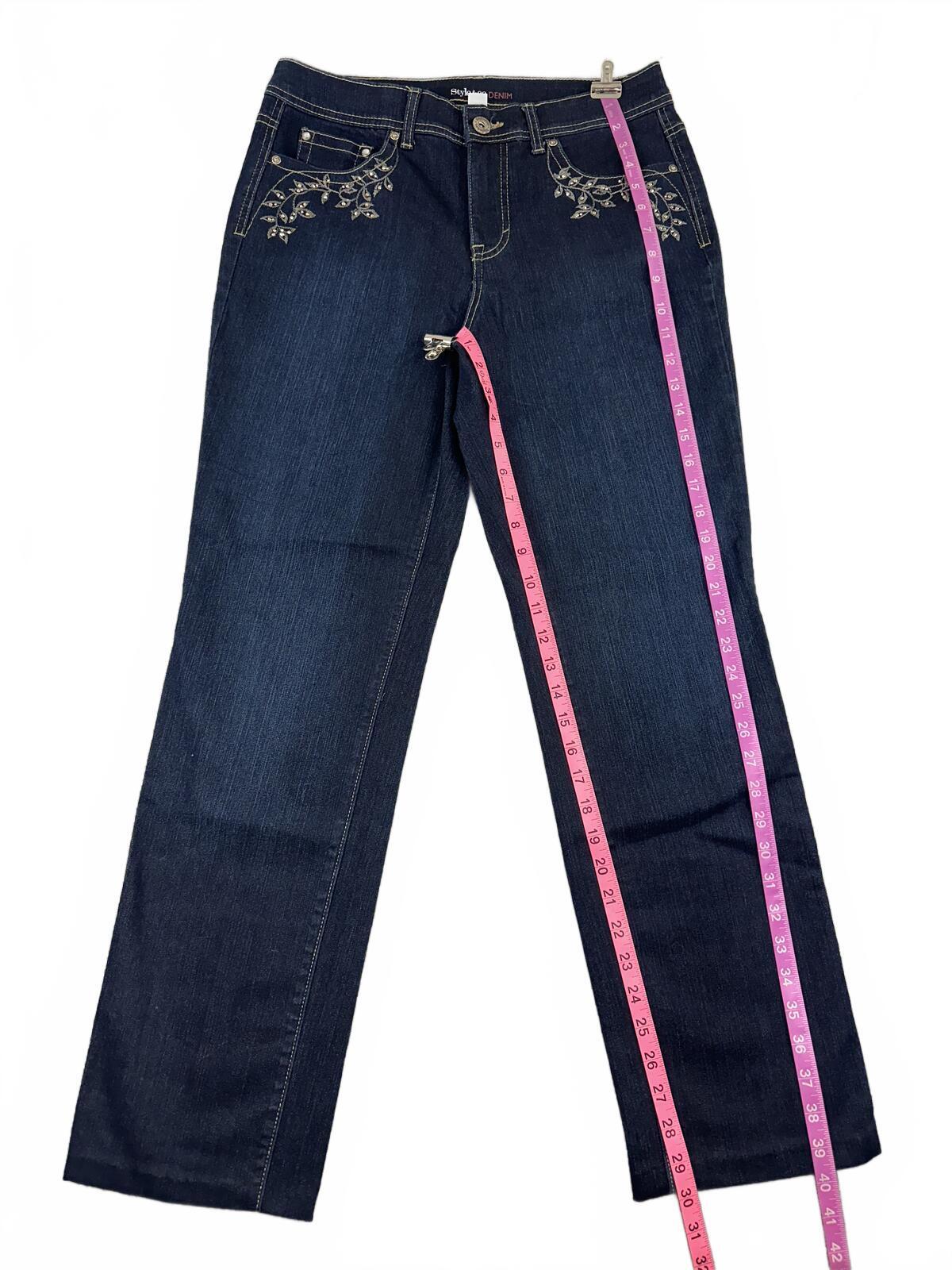 Style & Co. Dark Blue Embroidered Denim Jeans Straight Leg Classic Y2K
