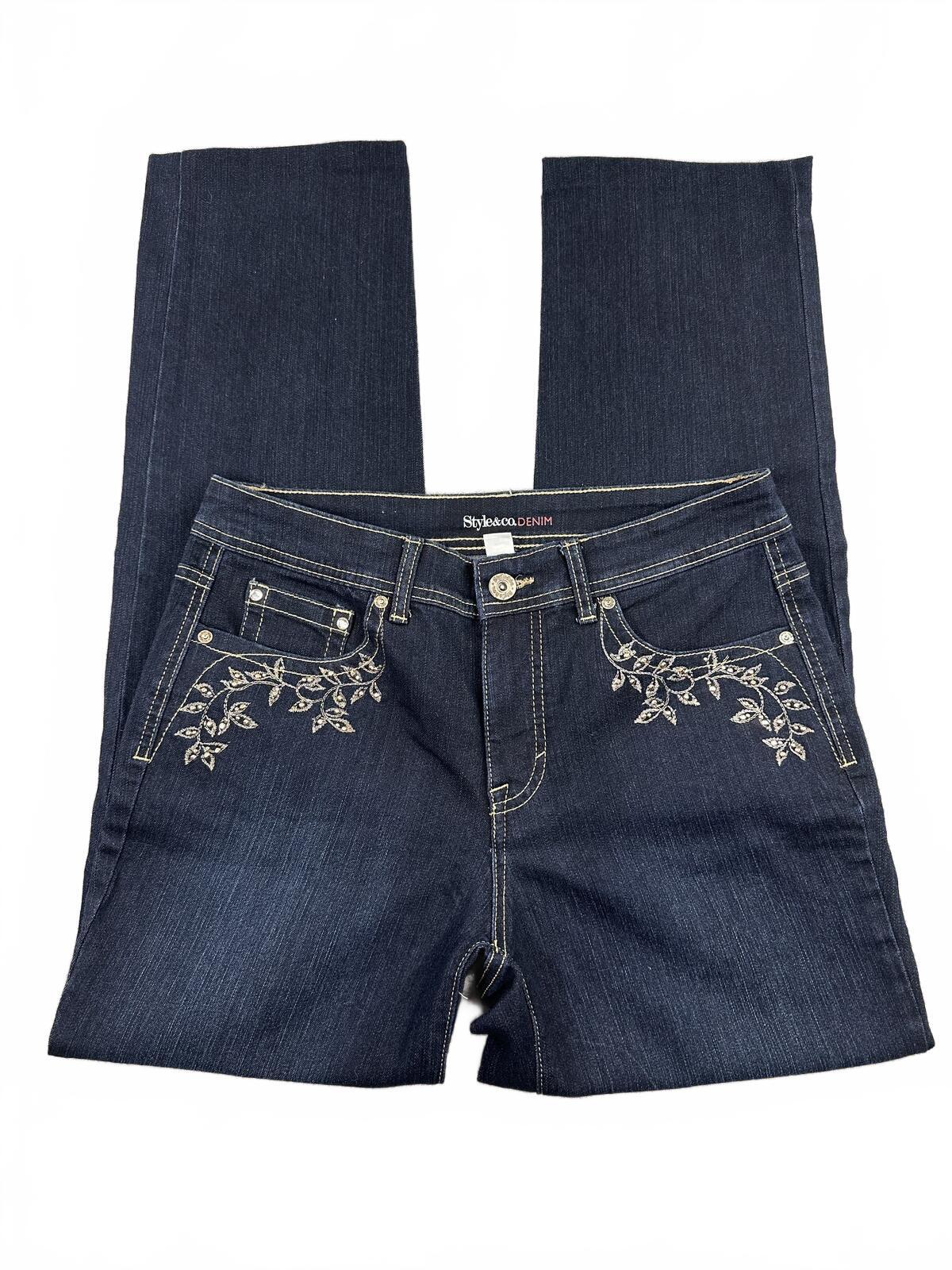 Style & Co. Dark Blue Embroidered Denim Jeans Straight Leg Classic Y2K