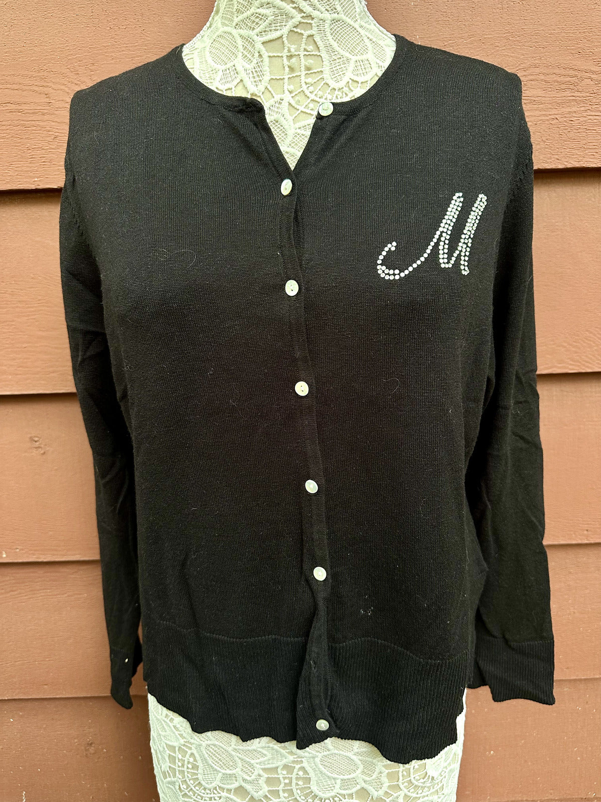 Carolyn Taylor Black Stretch Knit Cardigan with Rhinestone M Initial